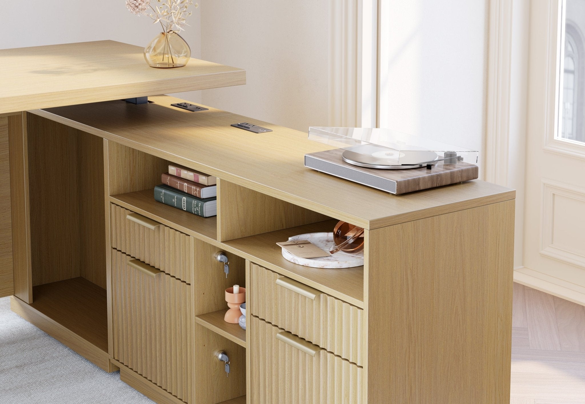 70" Desk + 73" Tall Fluted Bookshelf / Fluted - Natural Oak -