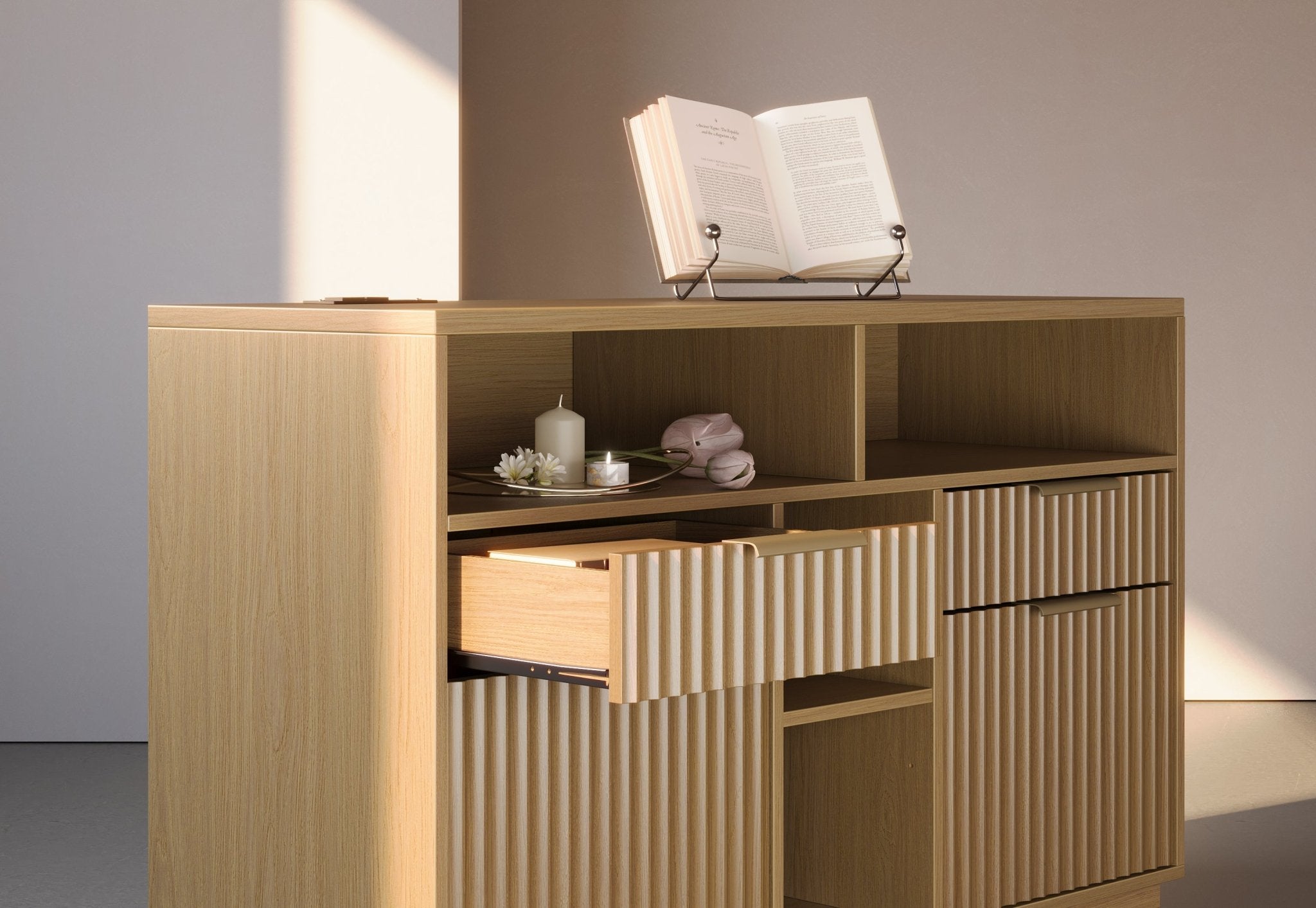 70" Desk + 73" Tall Fluted Bookshelf / Fluted - Natural Oak -