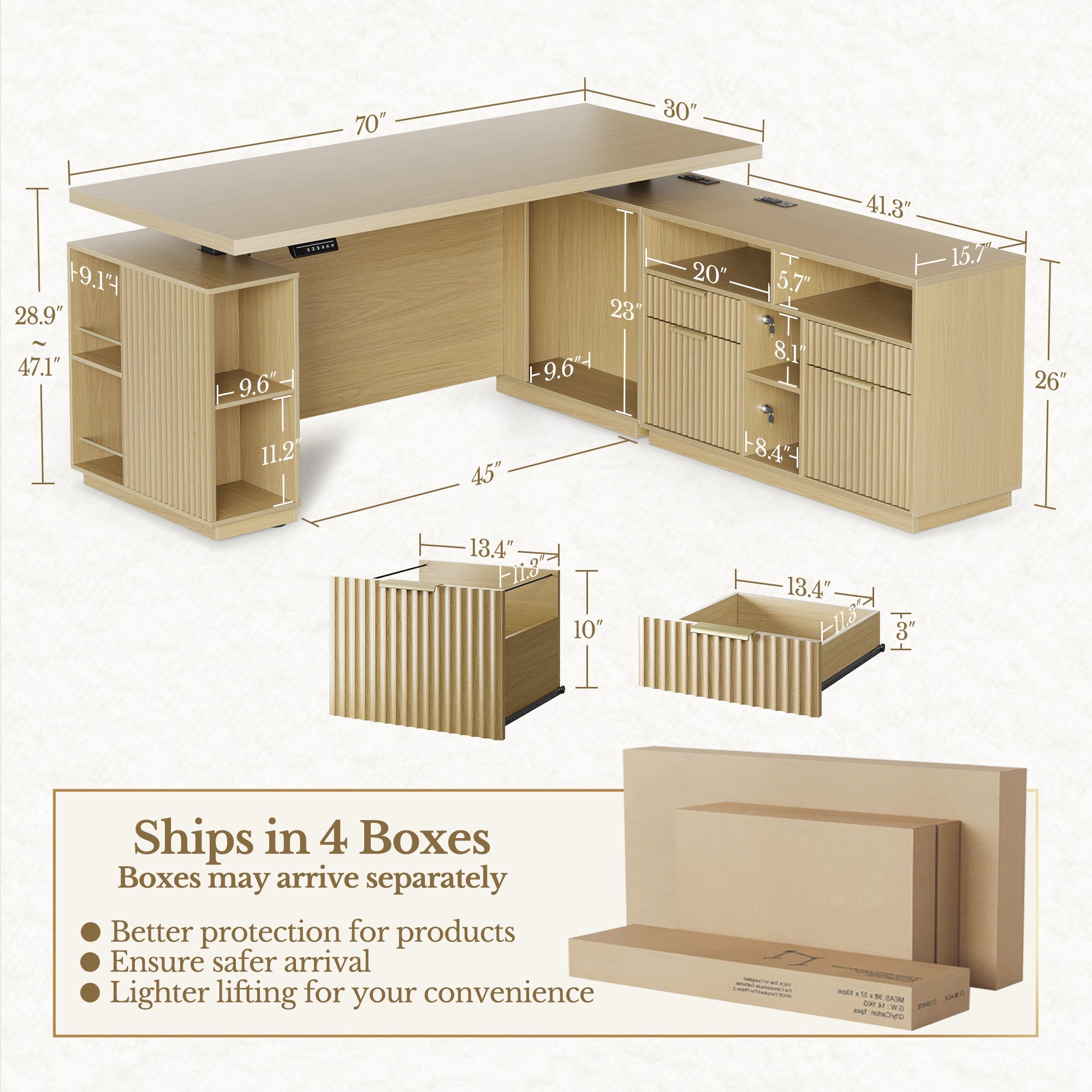 70" Desk · L - shaped + 2 - Drawer File Cabinet / Fluted - Natural Oak -