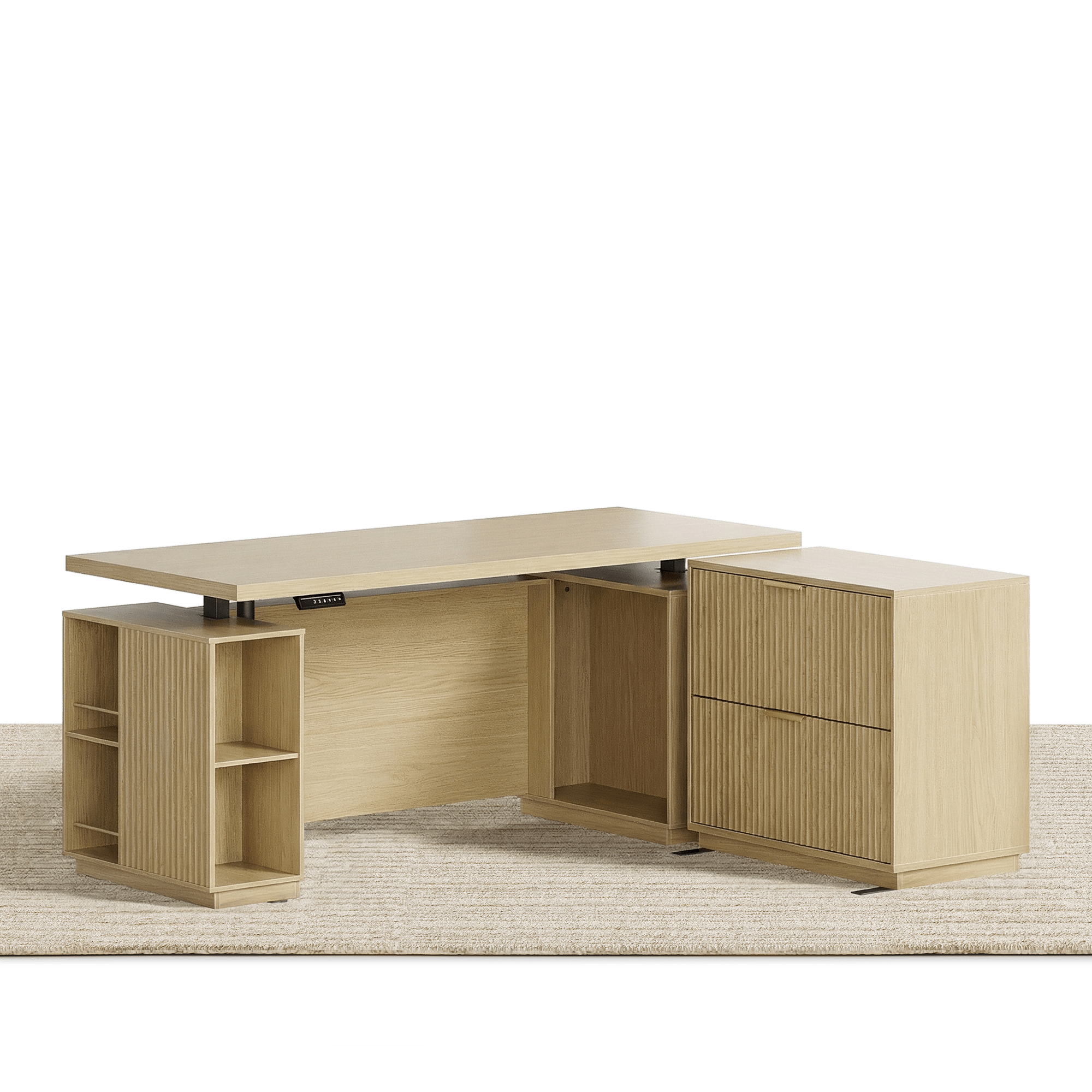 70" Desk · Straight + 2 - Drawer File Cabinet / Fluted - Natural Oak -