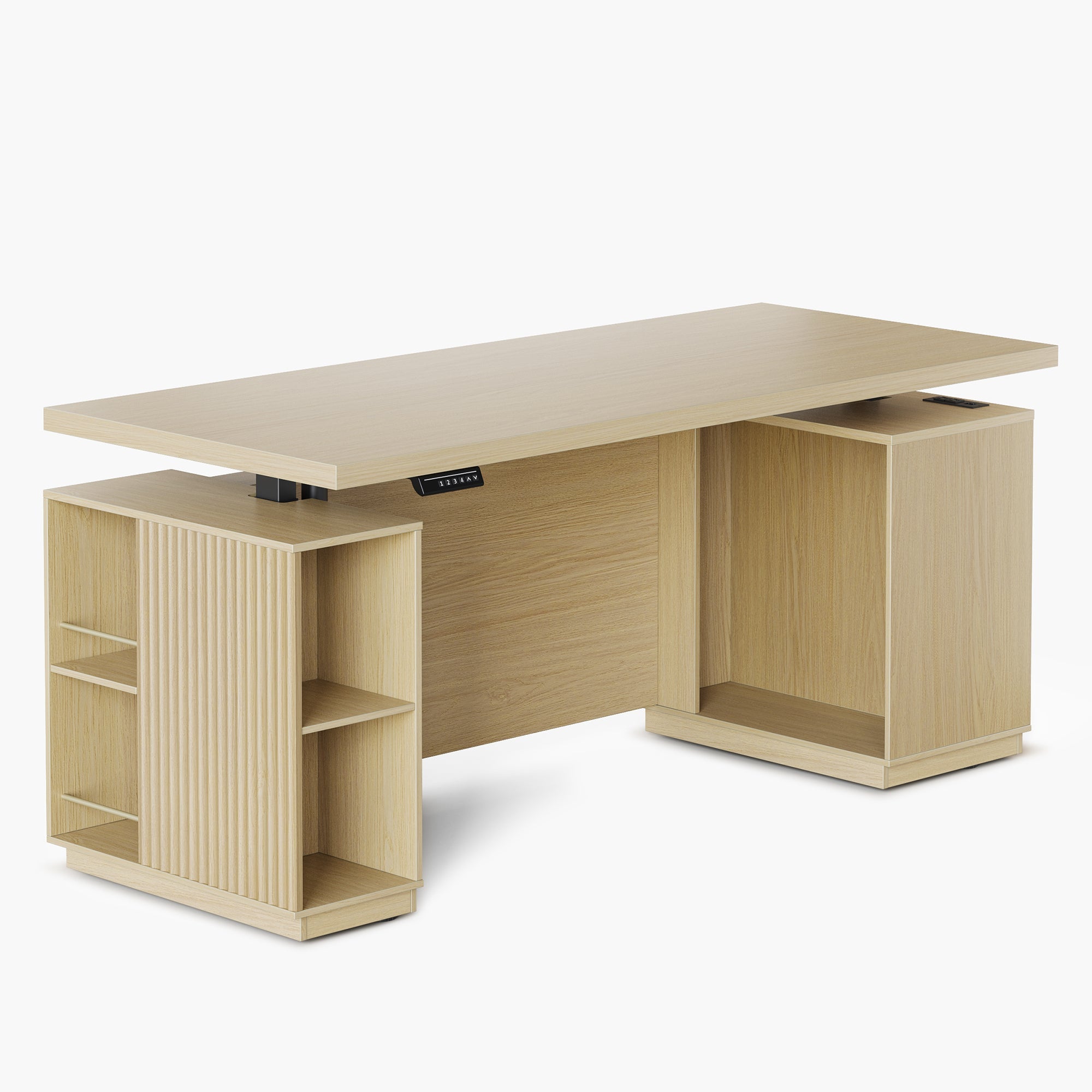 70" Desk · Straight + 2 - Drawer File Cabinet / Fluted - Natural Oak -