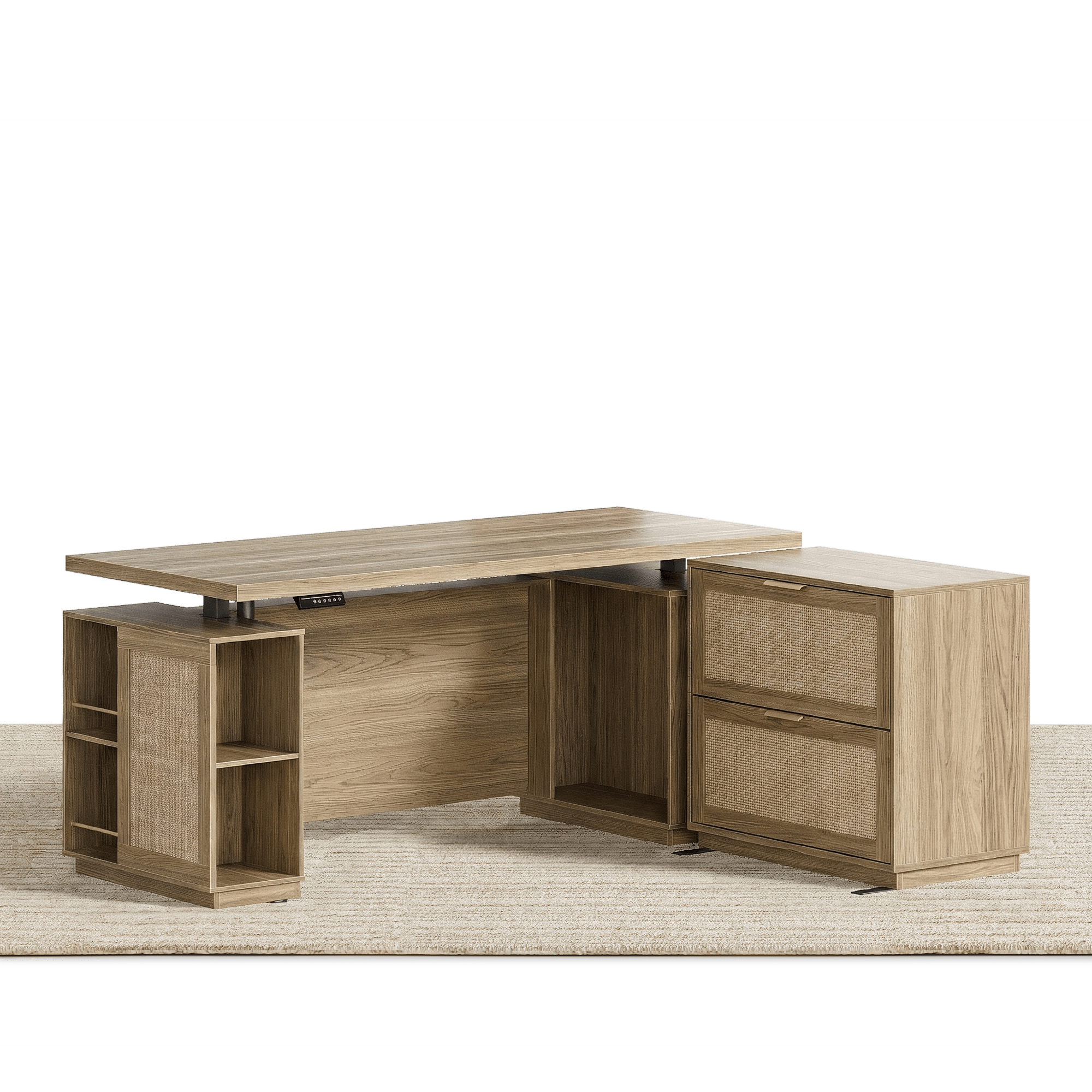 70" Desk · Straight + 2 - Drawer File Cabinet / Rattan - Light Walnut -