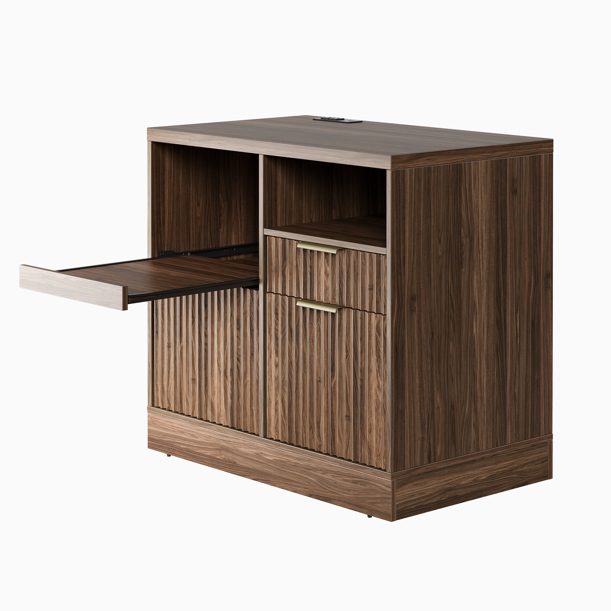 70" Desk · Straight + 71" Corner Bookshelf + Charging Printer Cabinet / Fluted - Dark Walnut -