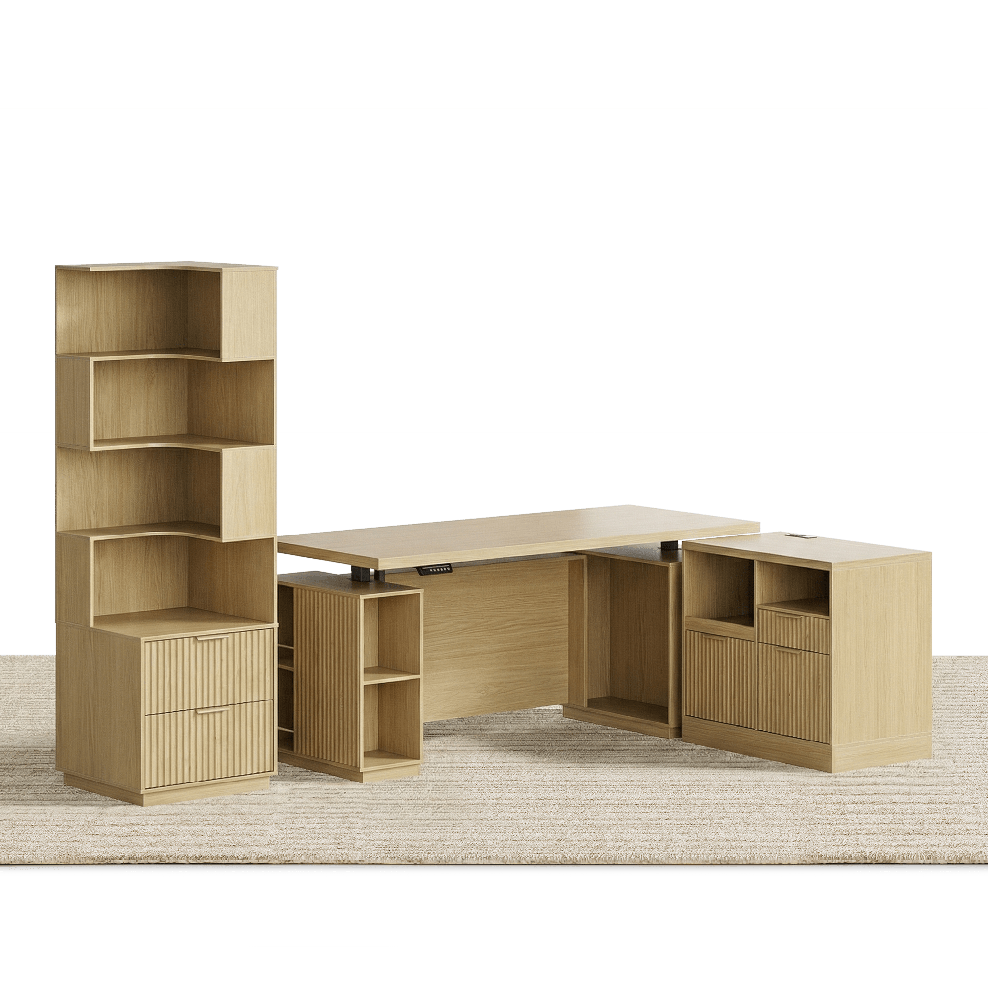 70" Desk · Straight + 71" Corner Bookshelf + Charging Printer Cabinet / Fluted - Natural Oak -