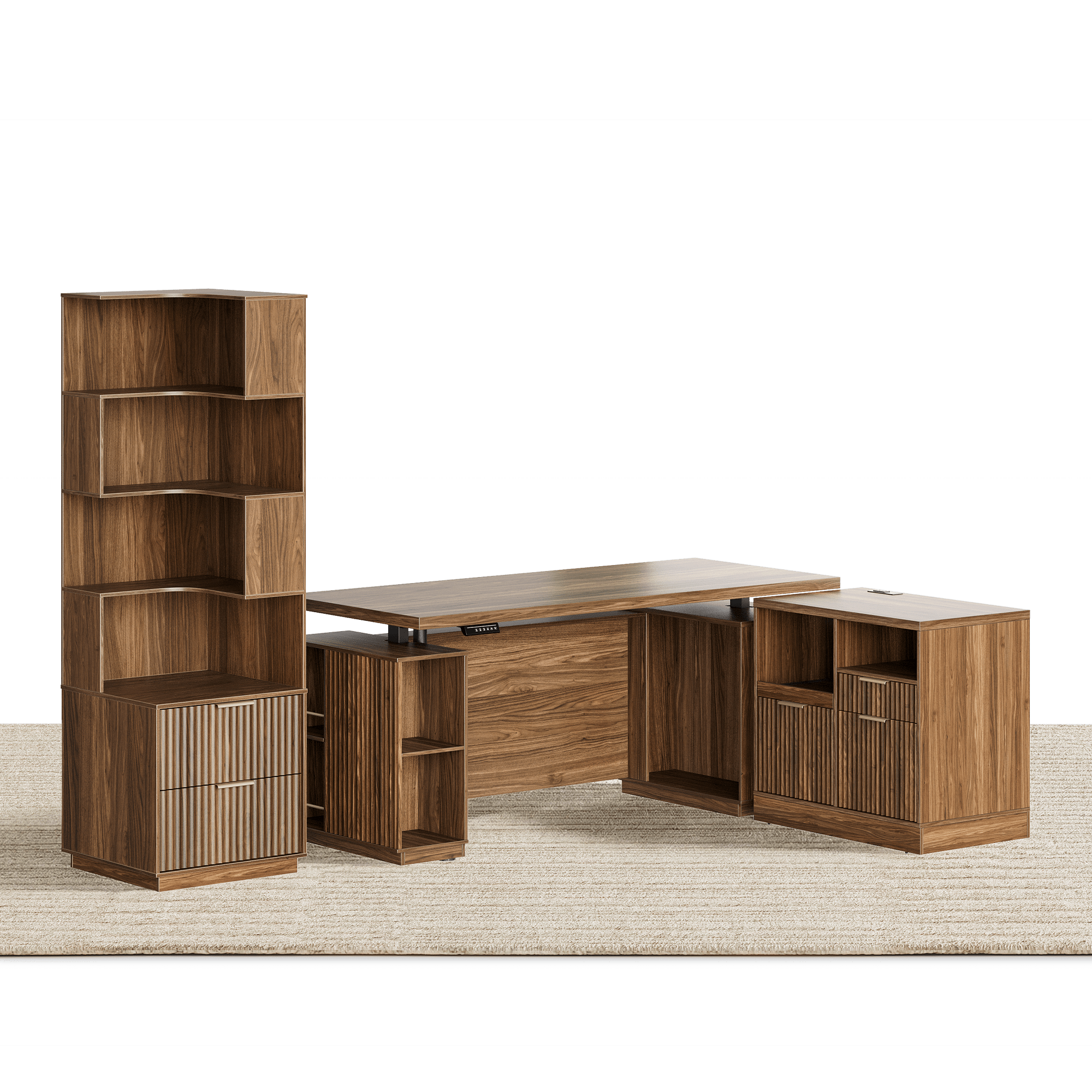 70" Desk · Straight + 71" Corner Bookshelf / Fluted - Dark Walnut -