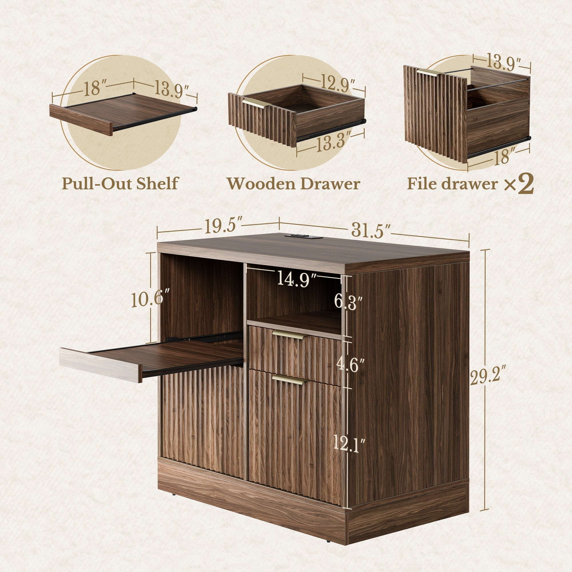 70" Desk · Straight + 73" Tall Bookshelf + Charging Printer Cabinet / Fluted - Dark Walnut -