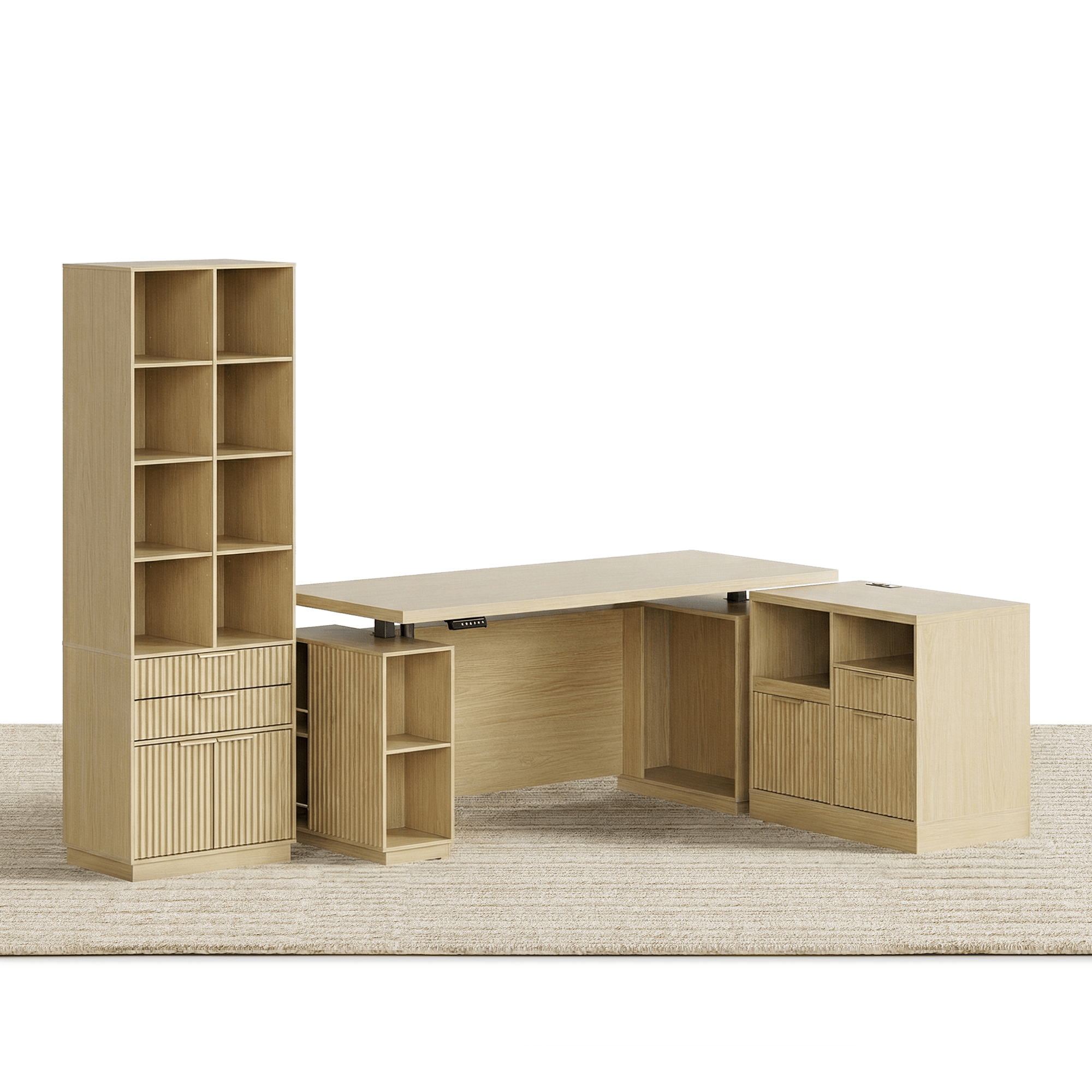 70" Desk · Straight + 73" Tall Bookshelf + Charging Printer Cabinet / Fluted - Natural Oak -