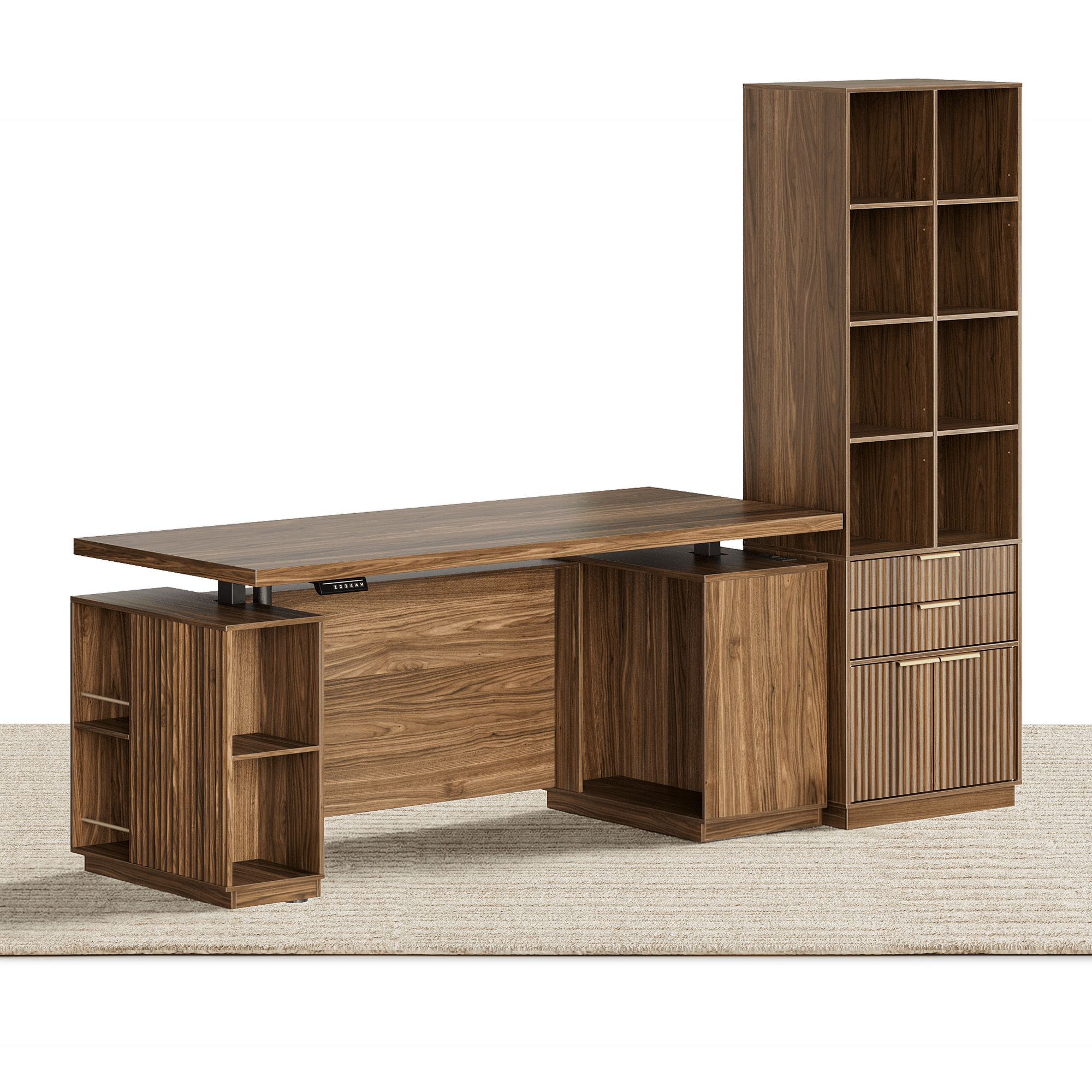 70" Desk · Straight + 73" Tall Bookshelf / Fluted - Dark Walnut -