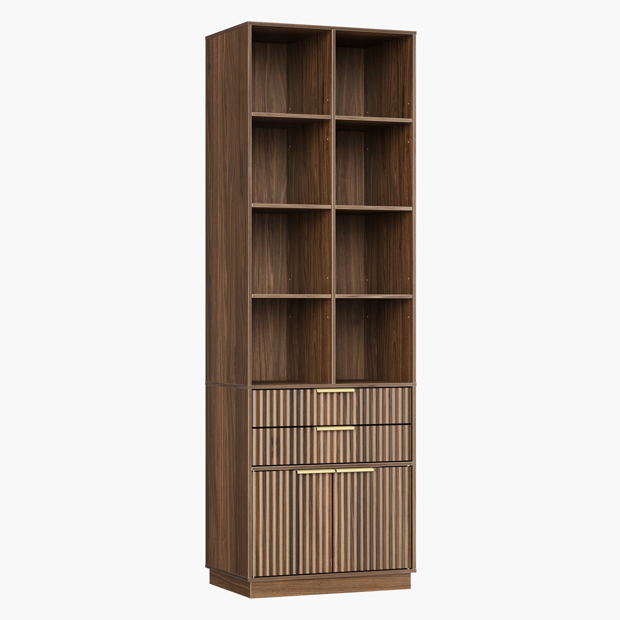 70" Desk · Straight + 73" Tall Bookshelf / Fluted - Dark Walnut -