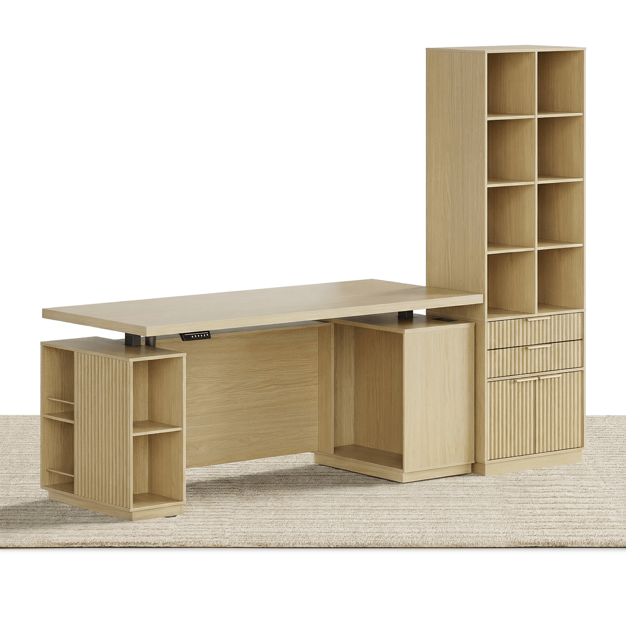 70" Desk · Straight + 73" Tall Bookshelf / Fluted - Natural Oak -