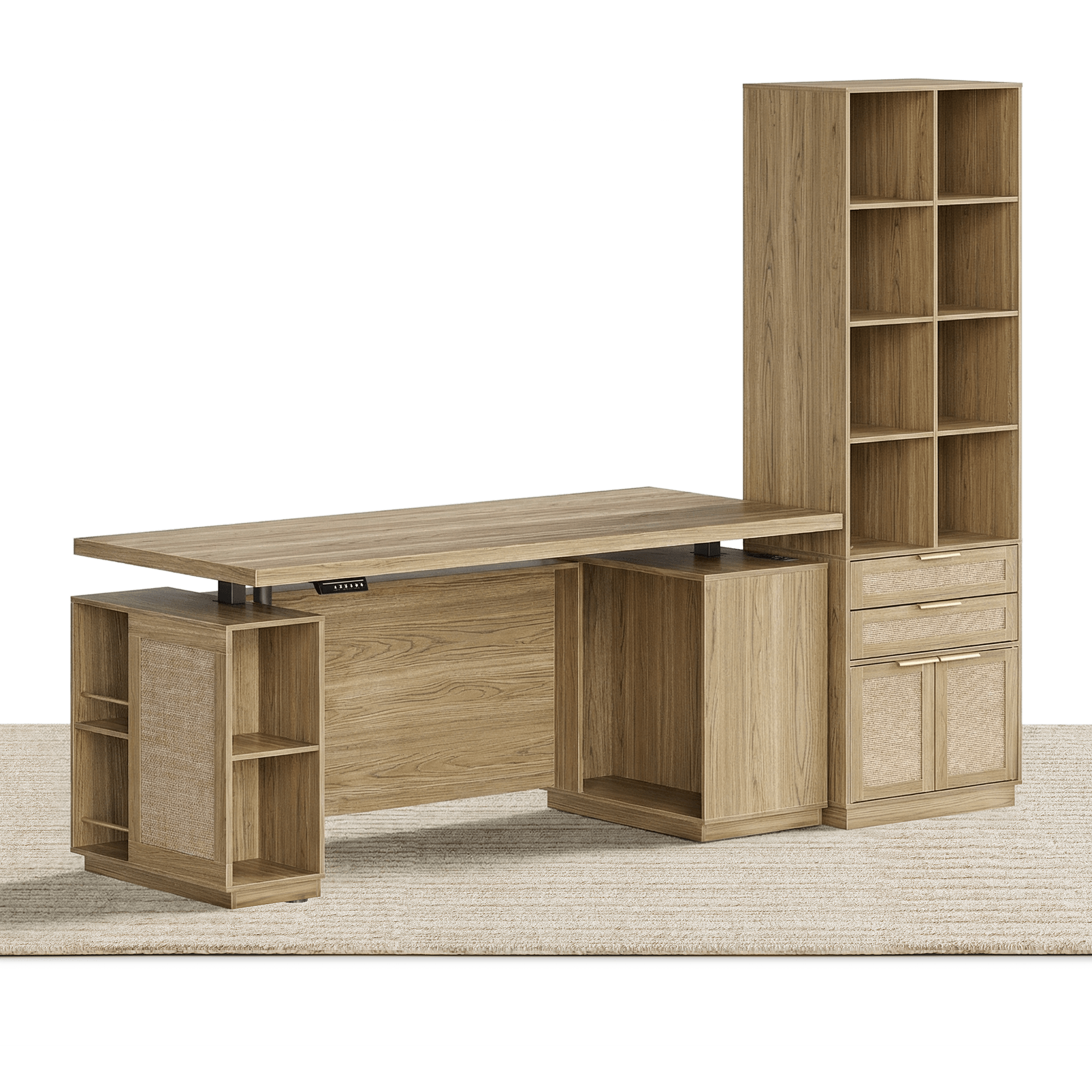 70" Desk · Straight + 73" Tall Bookshelf / Rattan - Light Walnut -