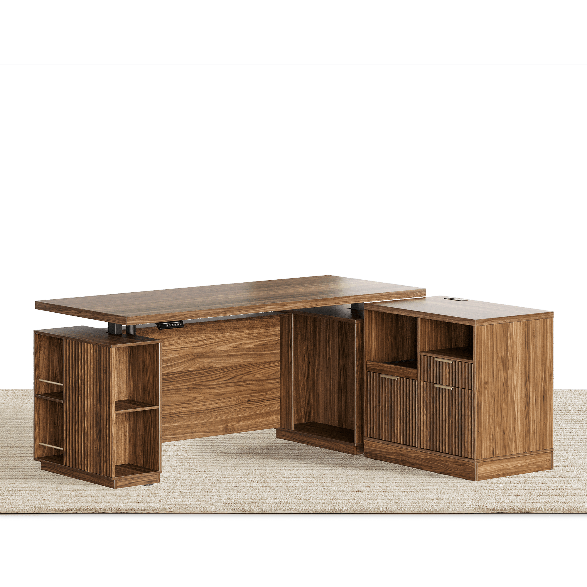 70" Desk · Straight + Charging Printer Cabinet / Fluted - Dark Walnut -