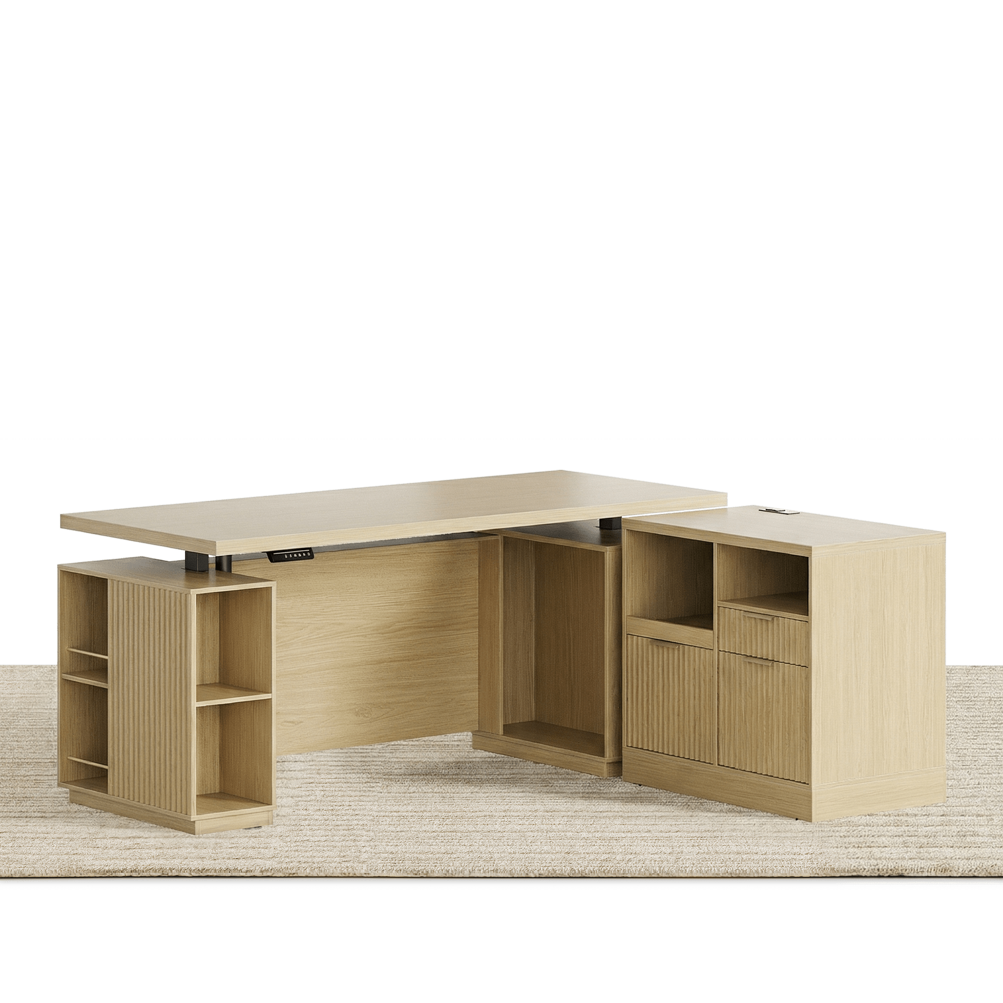 70" Desk · Straight + Charging Printer Cabinet / Fluted - Natural Oak -