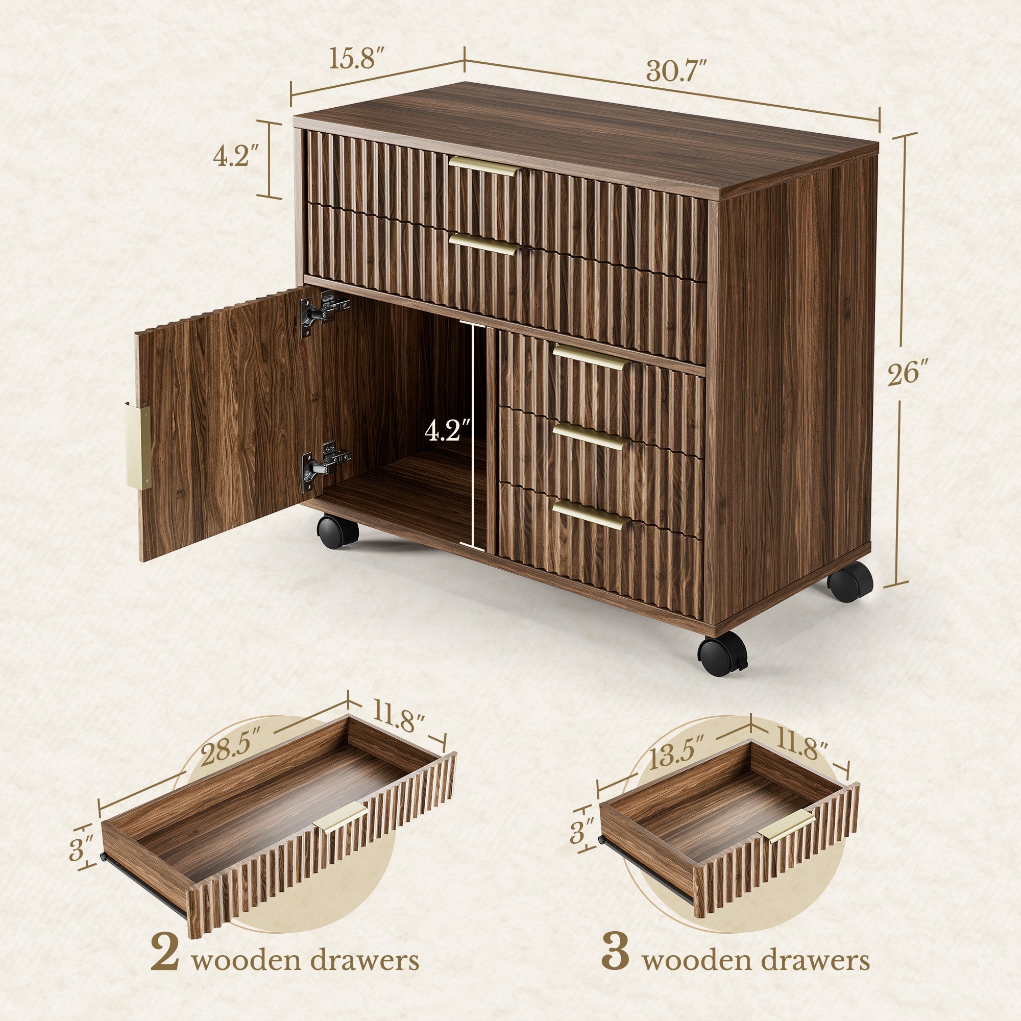 70" Desk · Straight + Mobile Office Cabinet / Fluted - Dark Walnut -