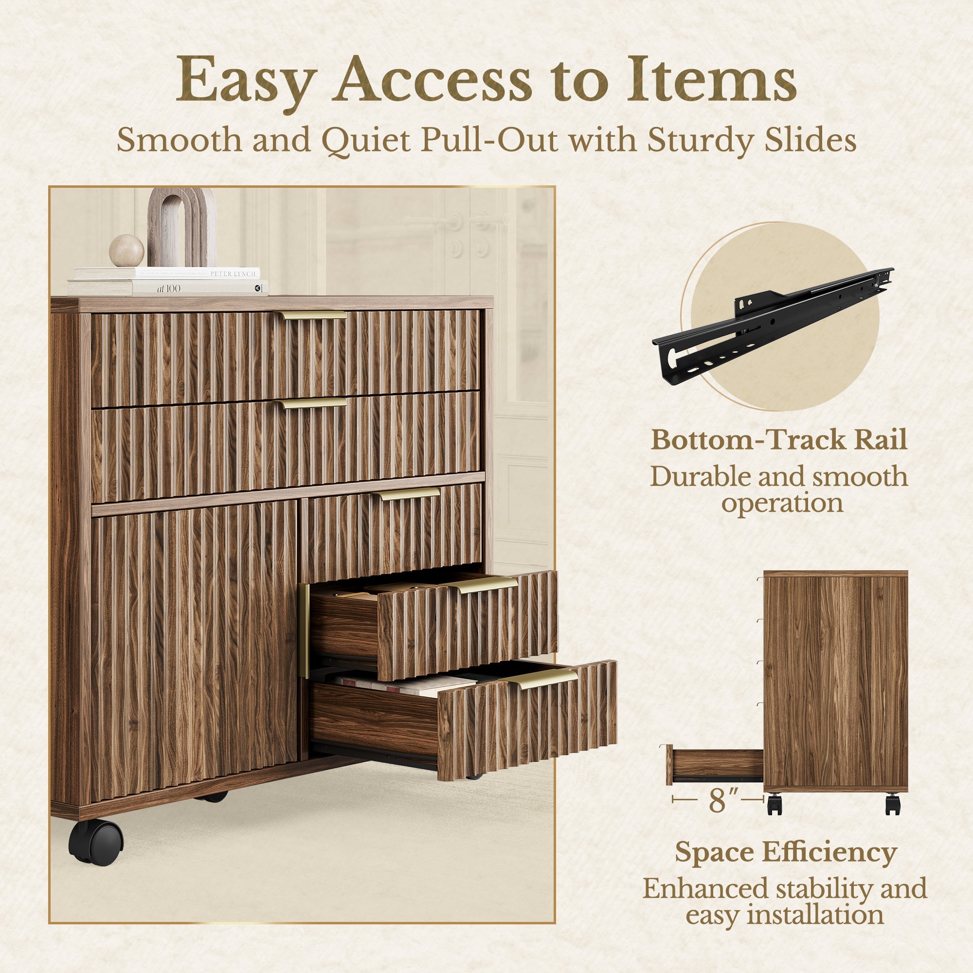 70" Desk · Straight + Mobile Office Cabinet / Fluted - Dark Walnut -