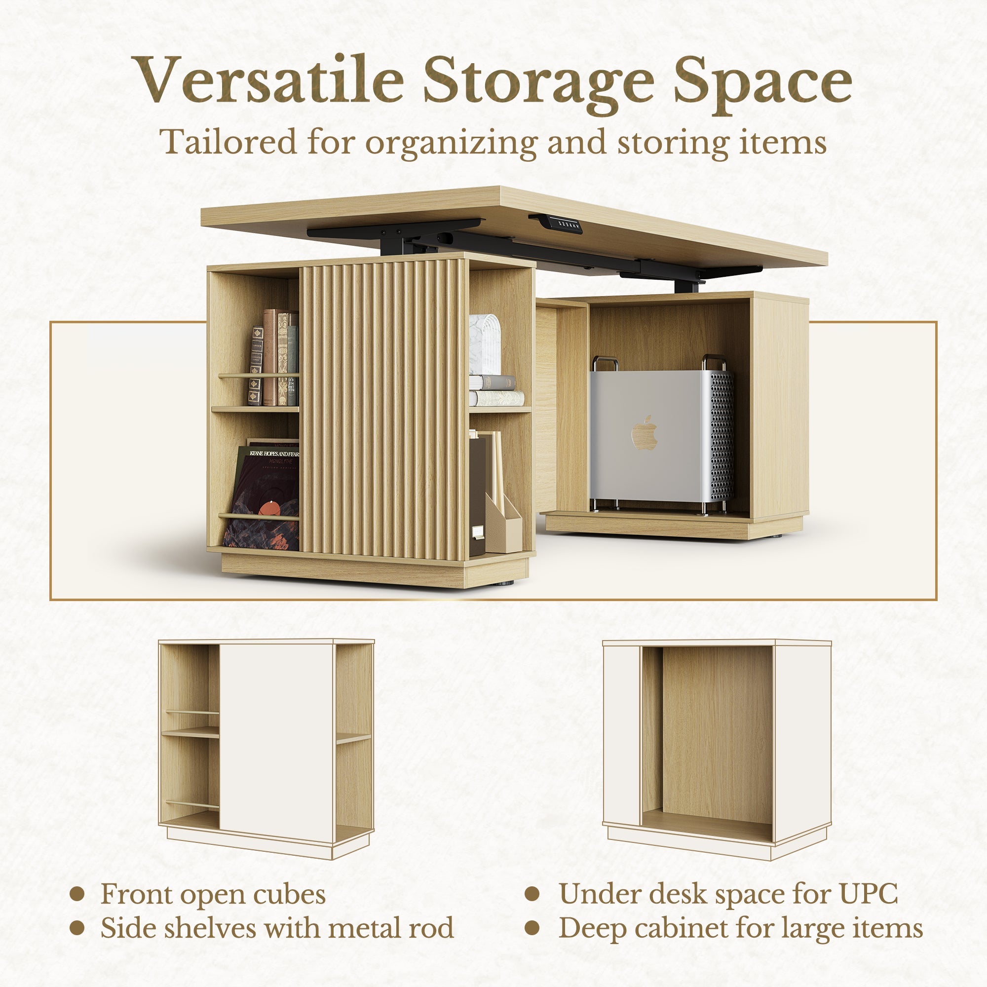 70" Desk · Straight + Mobile Office Cabinet / Fluted - Natural Oak -