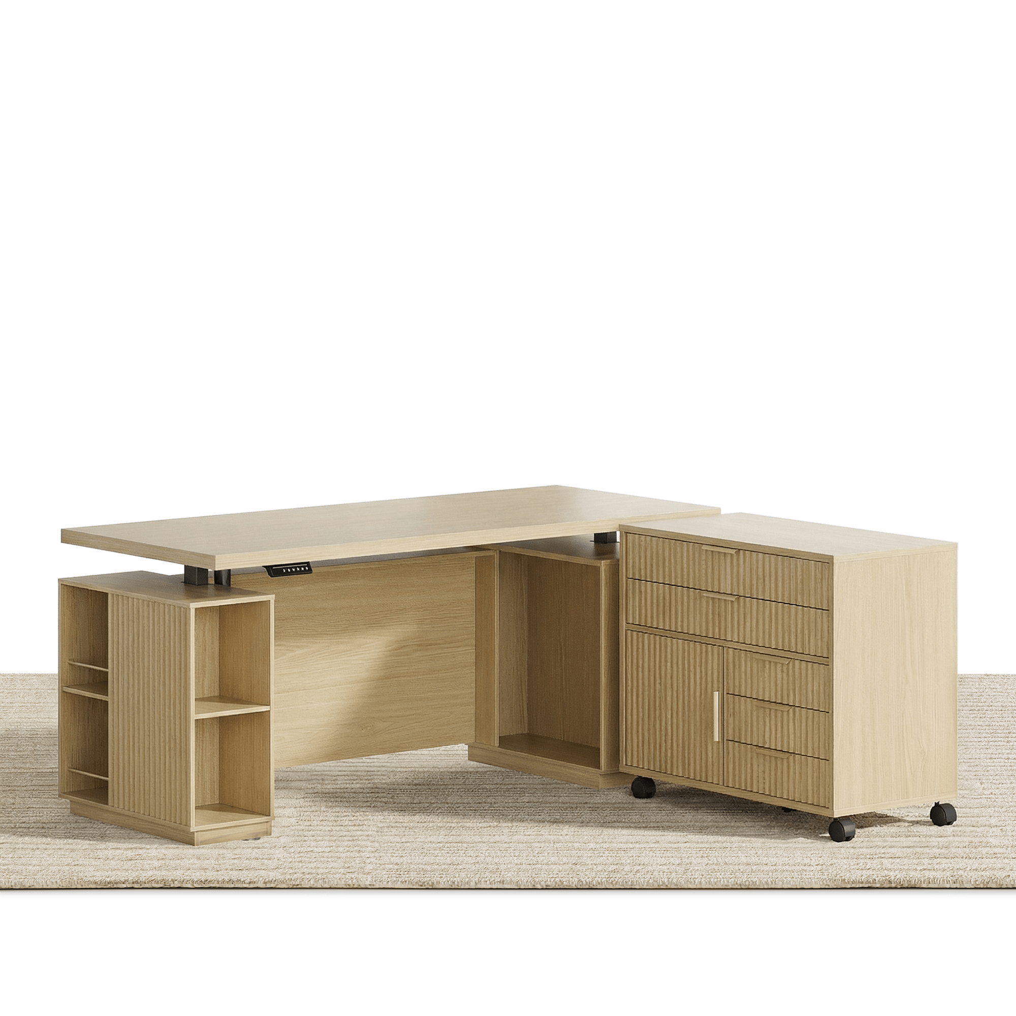 70" Desk · Straight + Mobile Office Cabinet / Fluted - Natural Oak -