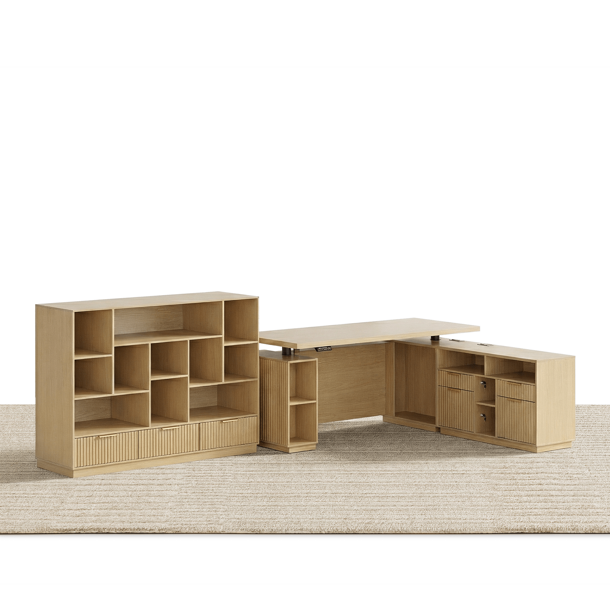 70" Desk with 4 Drawer Wood File Cabinet + 60" Wide Bookshelf / Fluted - Natural Oak -