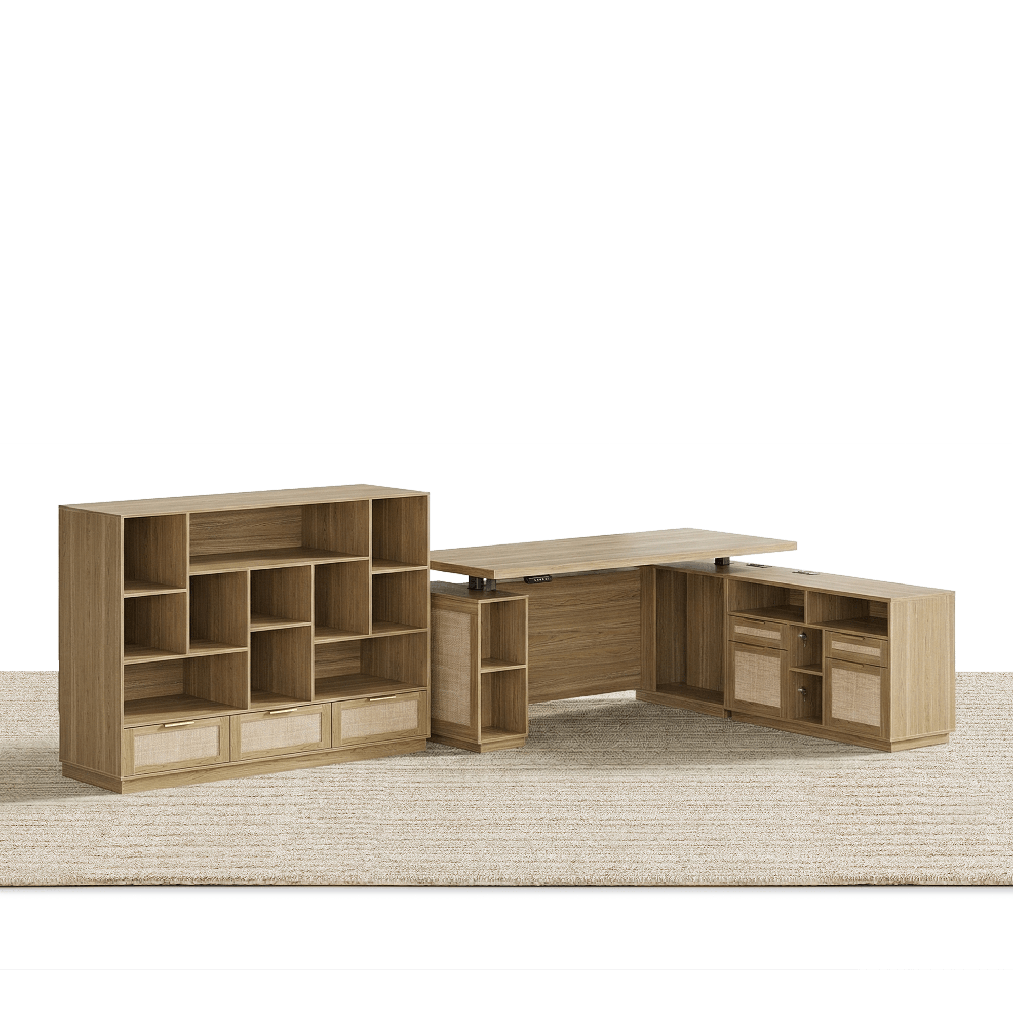 70" Desk with 4 Drawer Wood File Cabinet + 60" Wide Bookshelf / Rattan - Light Walnut -