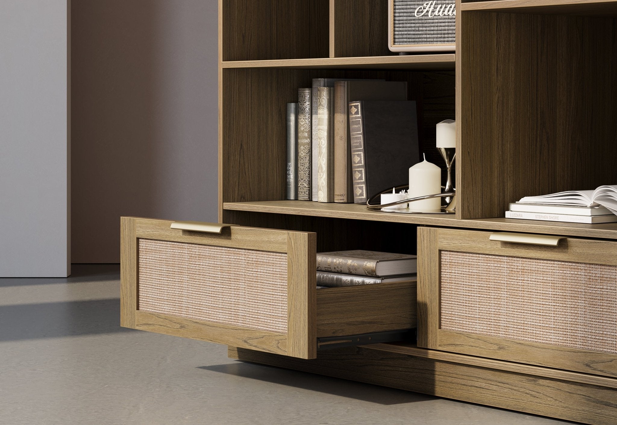 70" Desk with 4 Drawer Wood File Cabinet + 60" Wide Bookshelf / Rattan - Light Walnut -