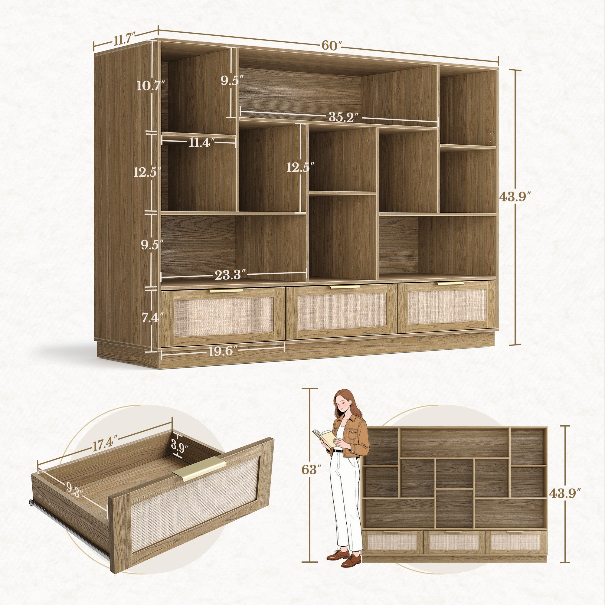 70" Desk with 4 Drawer Wood File Cabinet + 60" Wide Bookshelf / Rattan - Light Walnut -