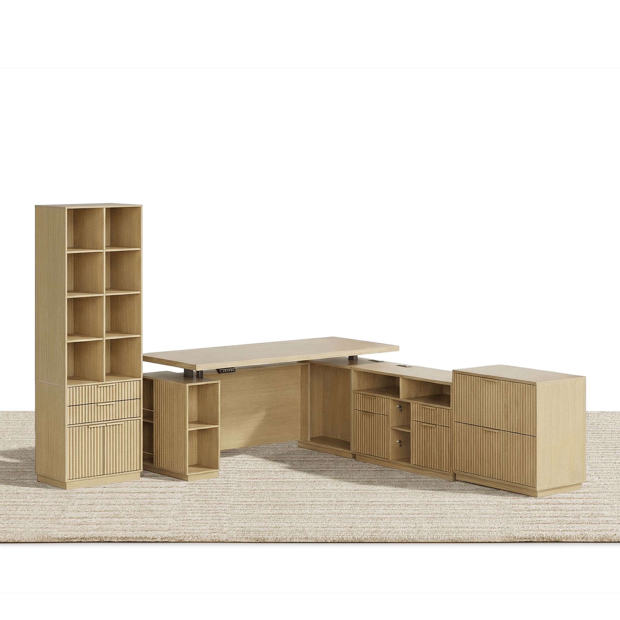 70" Executive Desk + 2 Drawers + 73 Tall Bookshelf / Fluted - Natural Oak -