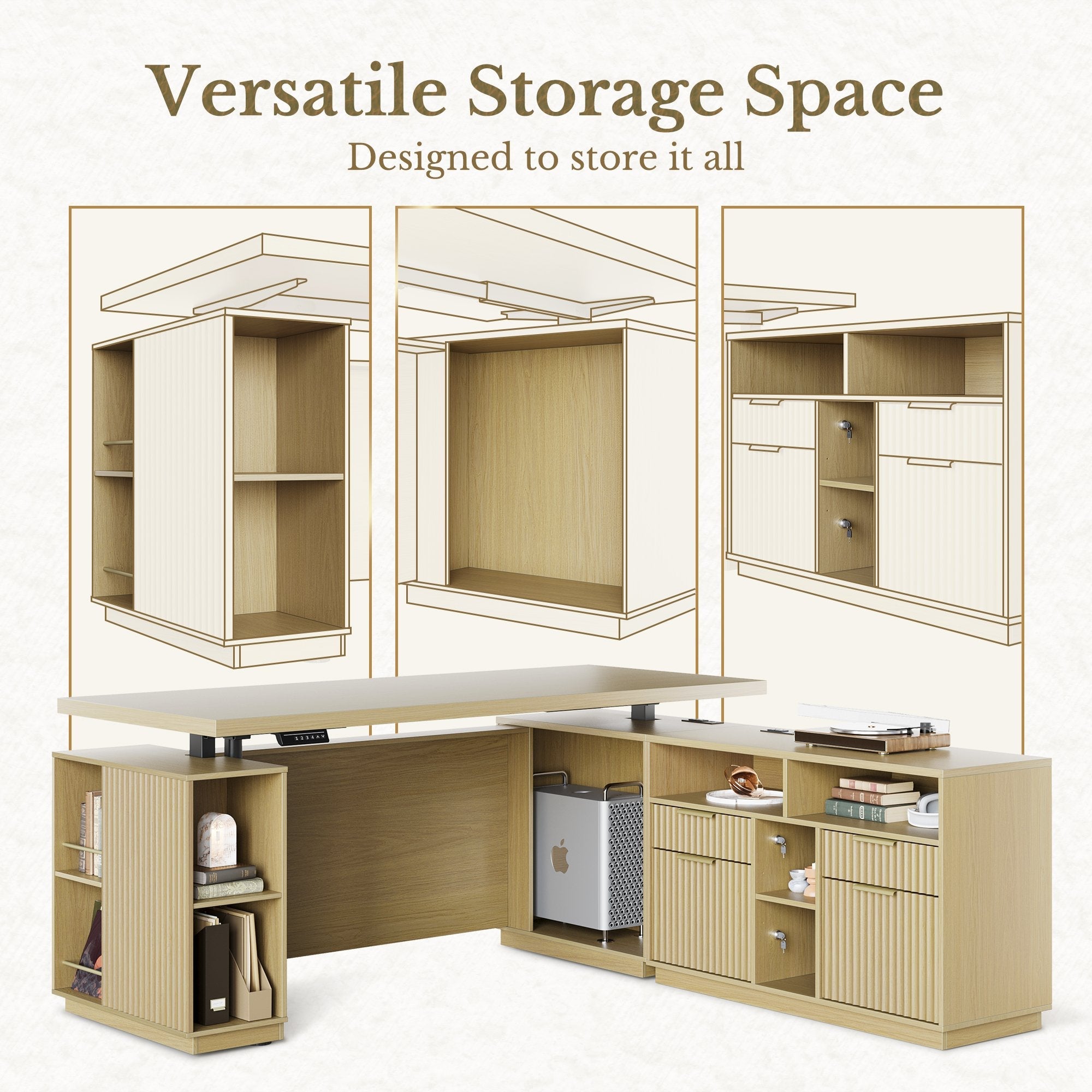 70" Executive Desk + 2 Drawers / Fluted - Natural Oak -