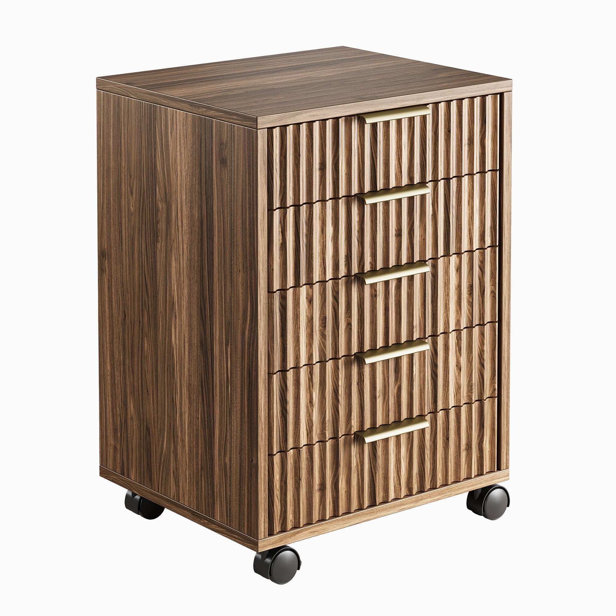 70" Executive Standing Desk + 2 Drawers + Mobile Office Cabinet + 5 - Drawer Mobile Cabinet / Fluted - Dark Walnut -