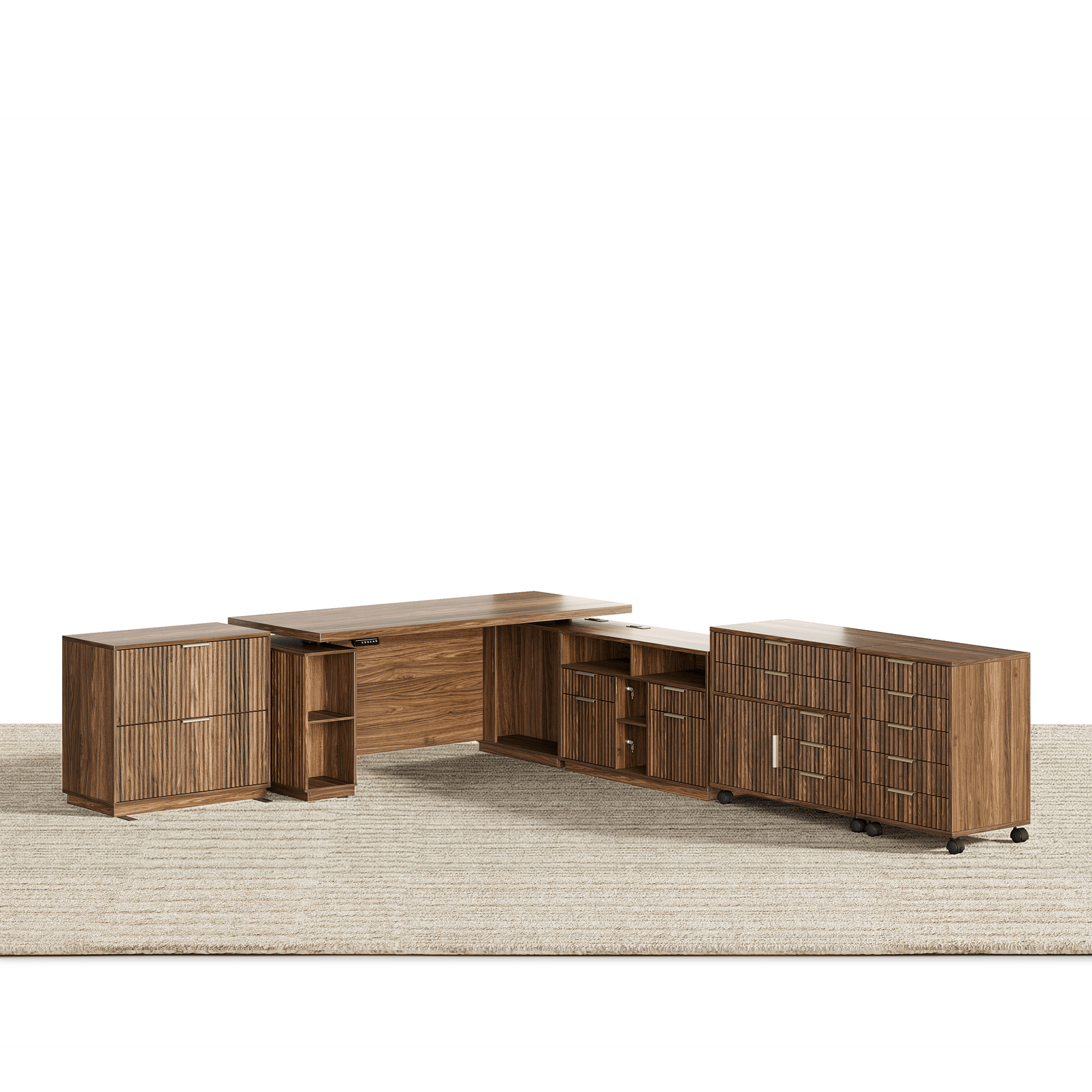 70" Executive Standing Desk + 2 Drawers + Mobile Office Cabinet + 5 - Drawer Mobile Cabinet / Fluted - Dark Walnut -