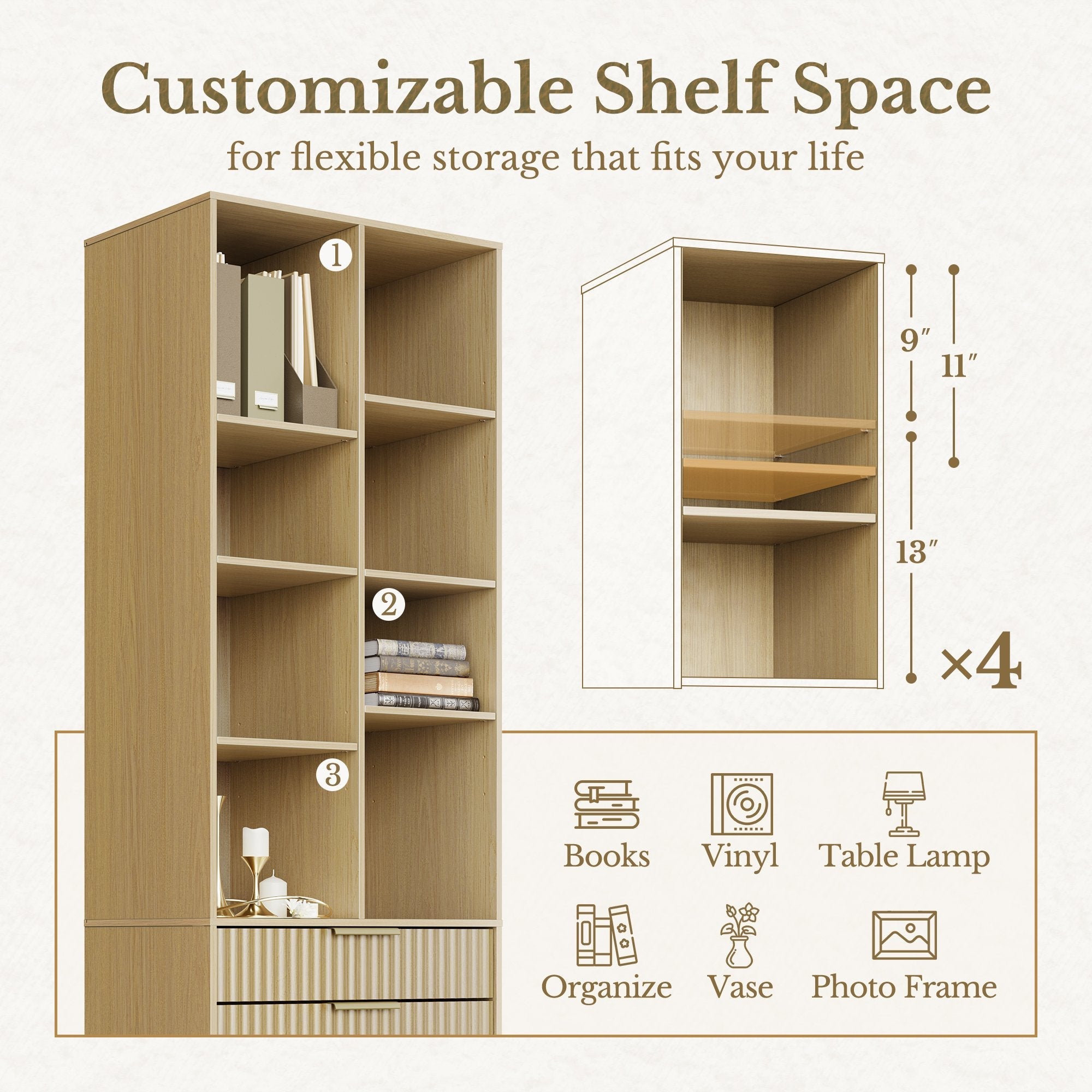 70" Executive Standing Desk + 73 Tall Bookshelf + Mobile Office Cabinet / Fluted - Natural Oak -