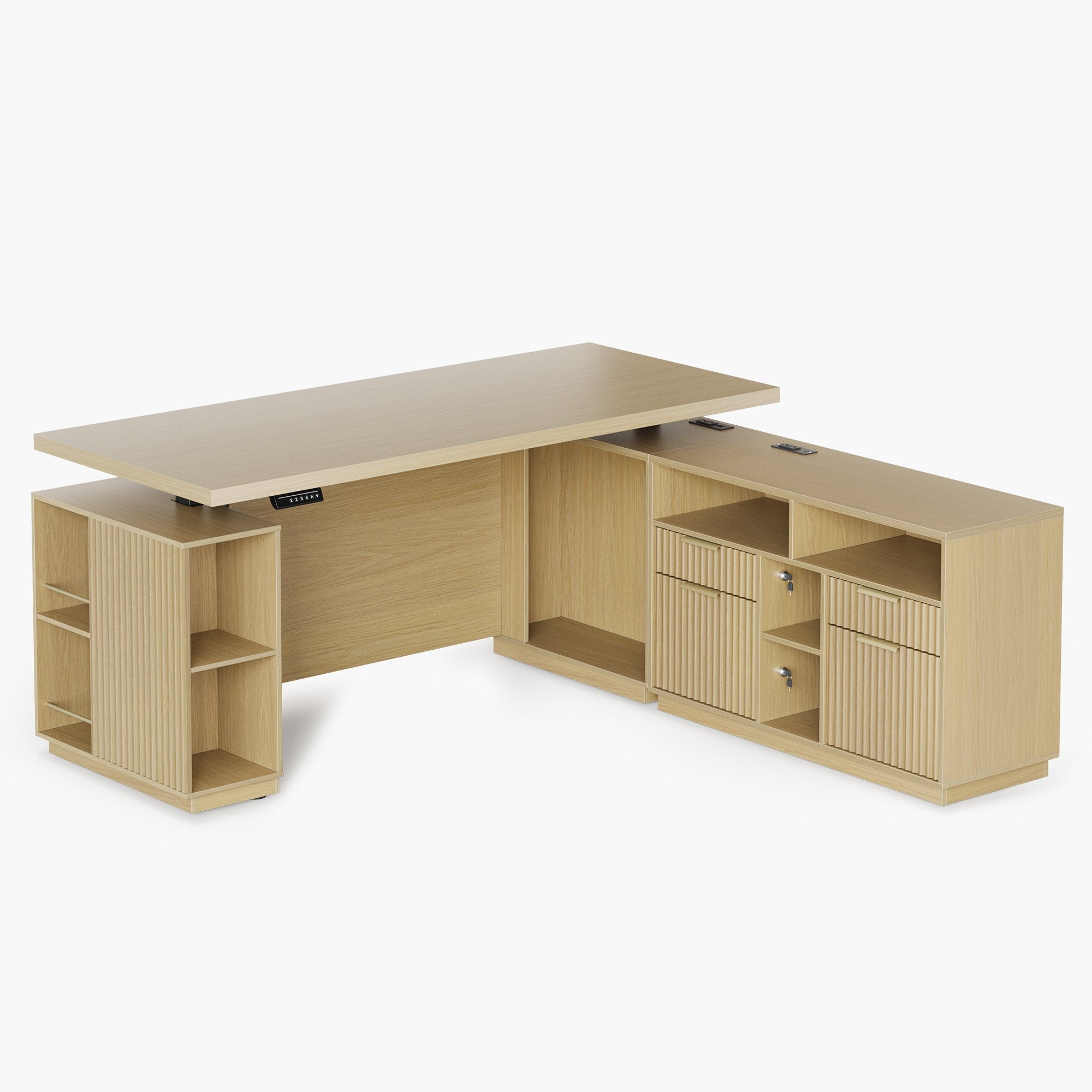 70" Executive Standing Desk + 73 Tall Bookshelf + Mobile Office Cabinet / Fluted - Natural Oak -