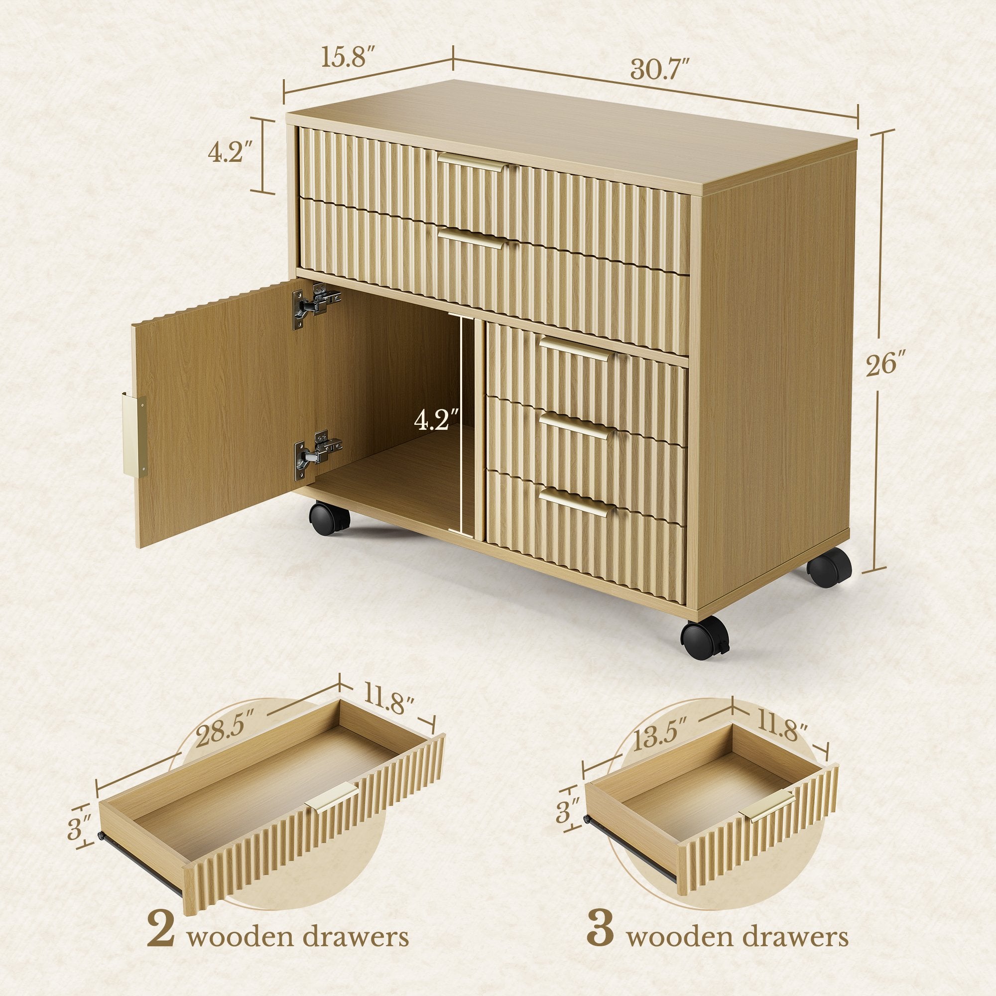 70" Executive Standing Desk + 73 Tall Bookshelf + Mobile Office Cabinet / Fluted - Natural Oak -
