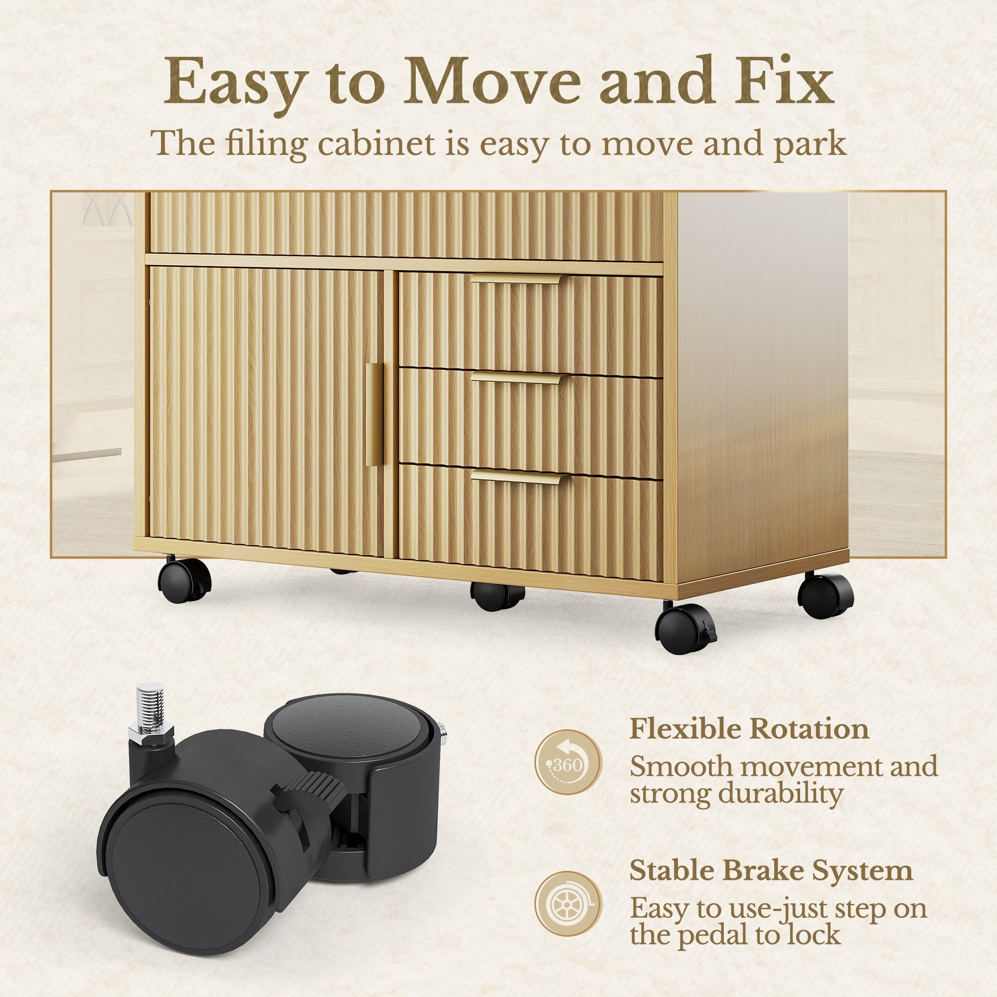 70" Executive Standing Desk + 73 Tall Bookshelf + Mobile Office Cabinet / Fluted - Natural Oak -