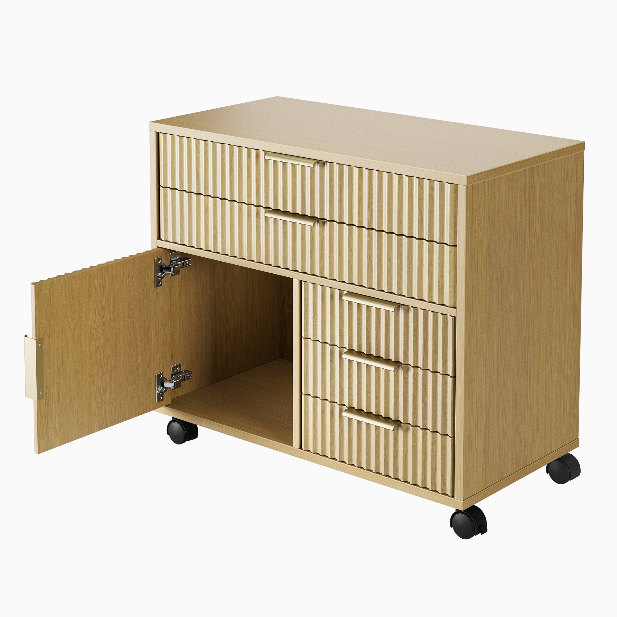 70" Executive Standing Desk + 73 Tall Bookshelf + Mobile Office Cabinet / Fluted - Natural Oak -