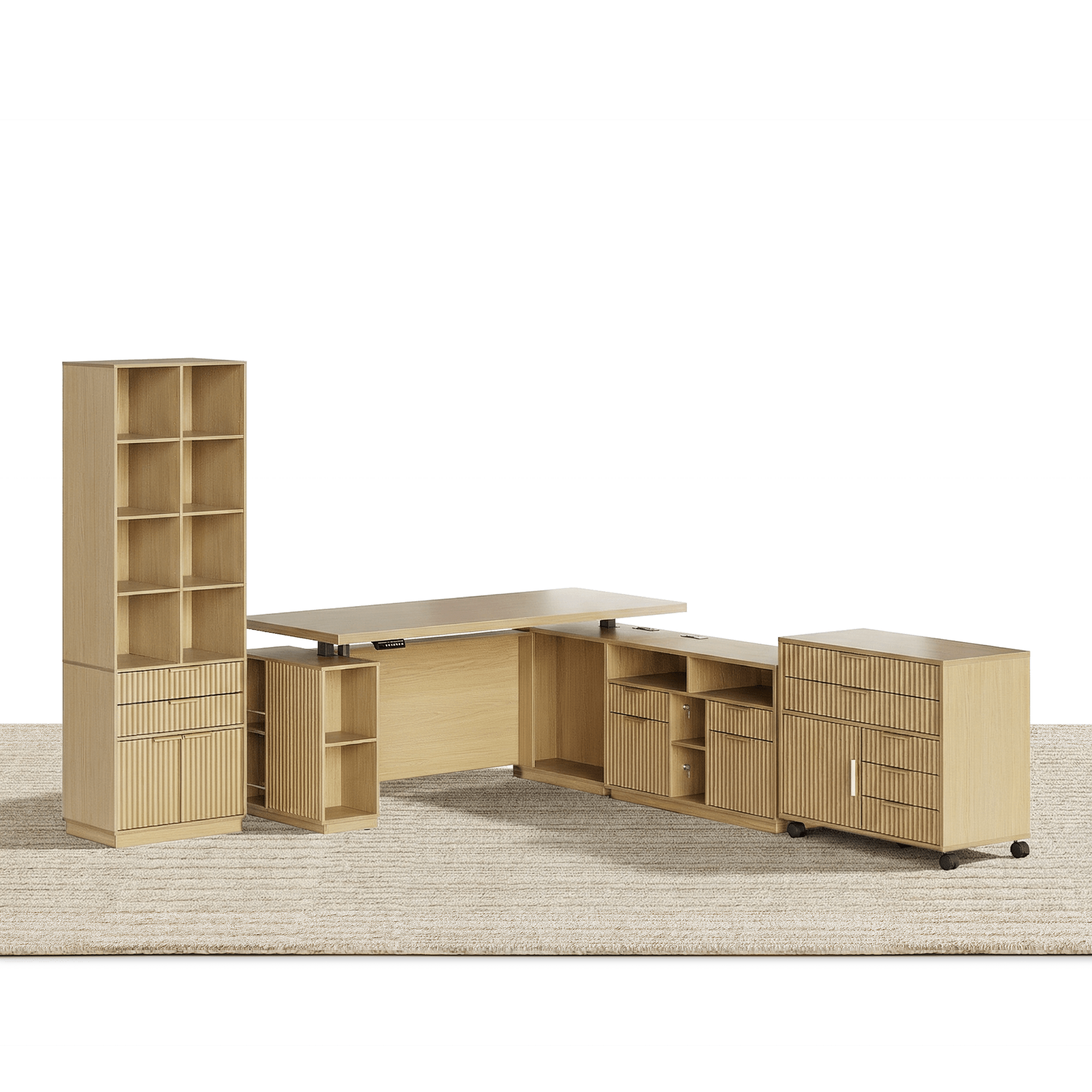 70" Executive Standing Desk + 73 Tall Bookshelf + Mobile Office Cabinet / Fluted - Natural Oak -