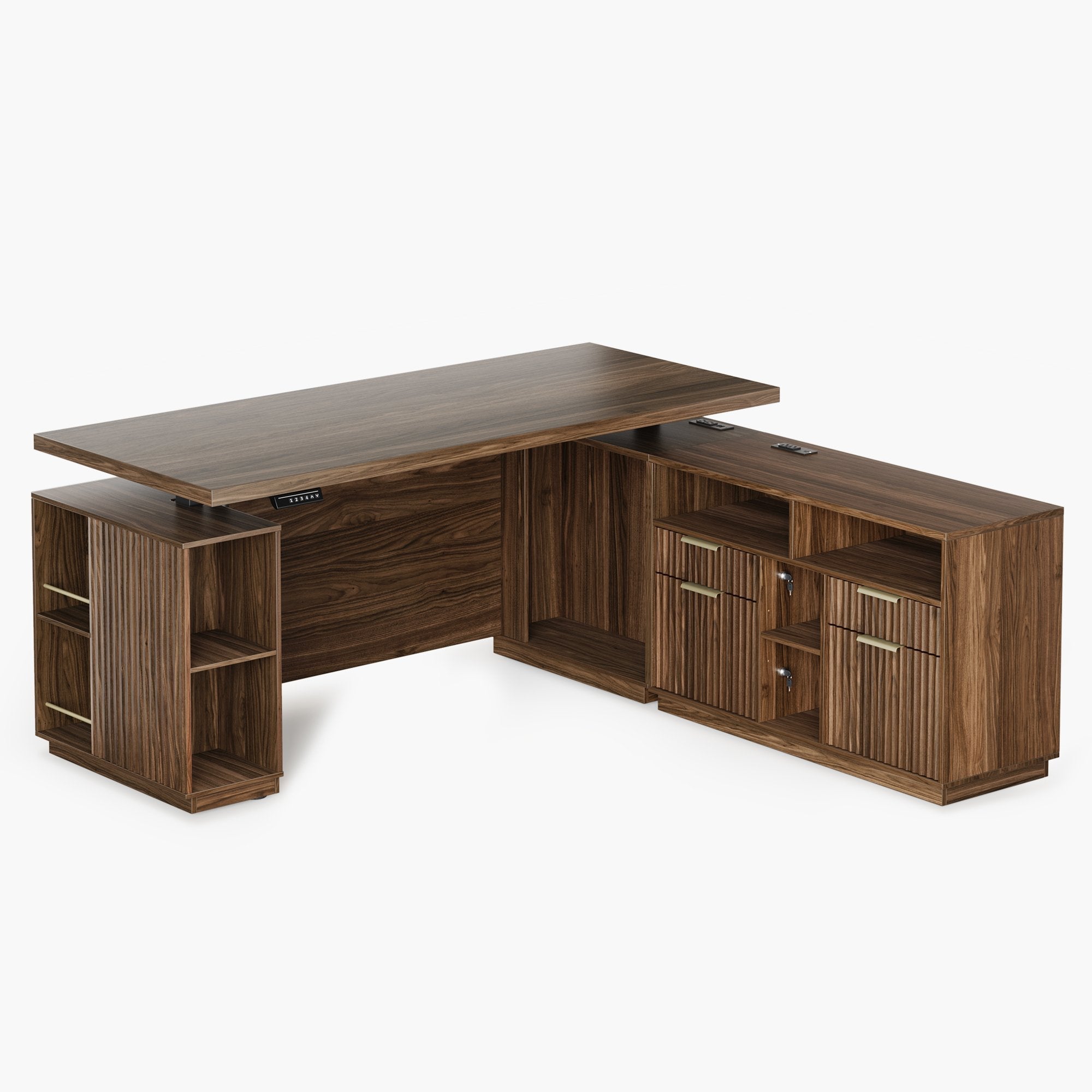 70" Premium Executive Standing Desk + Stella Advanced Ergonomic Chair + 73"Tall Fluted Bookshelf with Drawers & Doors/ Fluted - Dark Walnut -