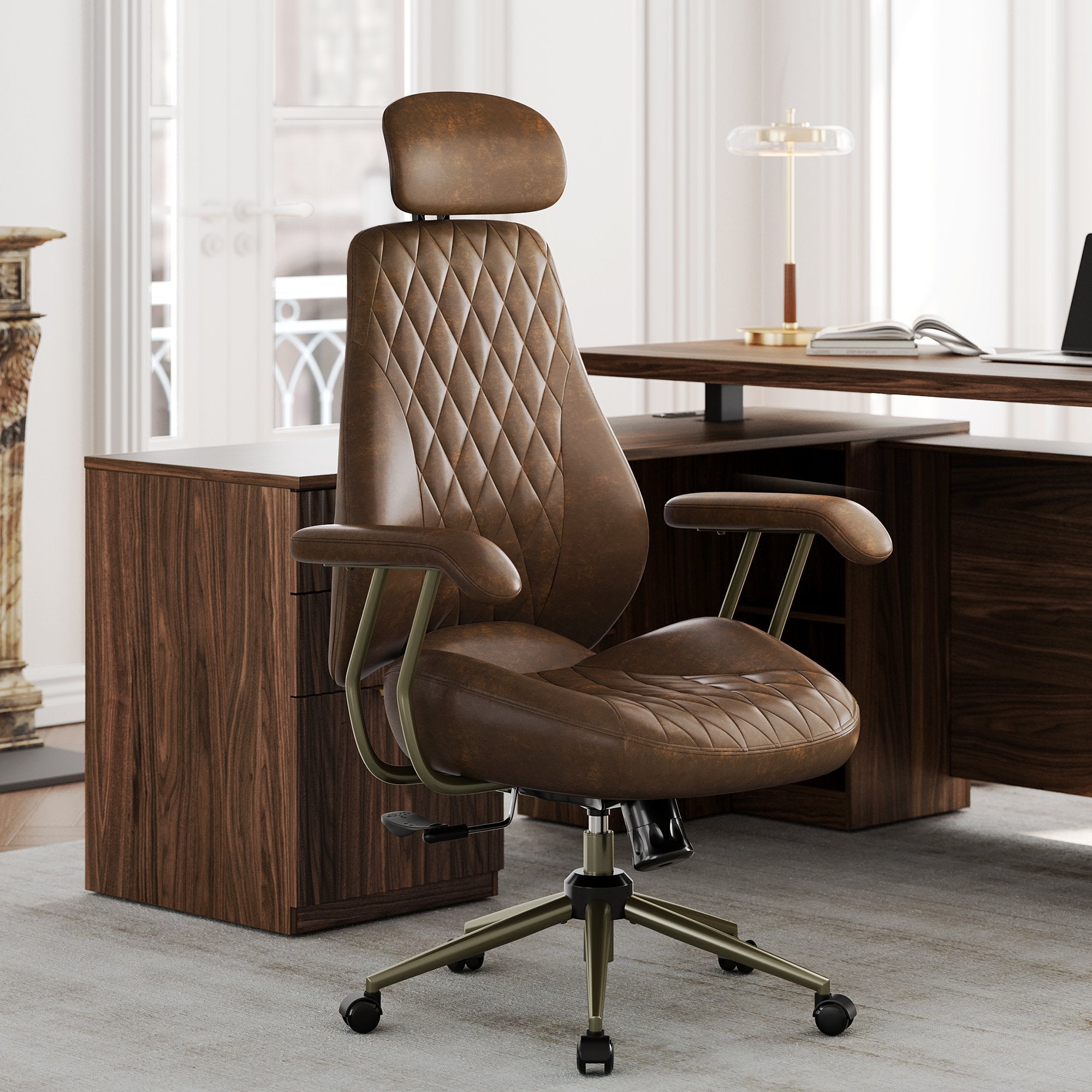 70" Premium Executive Standing Desk + Stella Advanced Ergonomic Chair + 73"Tall Fluted Bookshelf with Drawers & Doors/ Fluted - Dark Walnut -