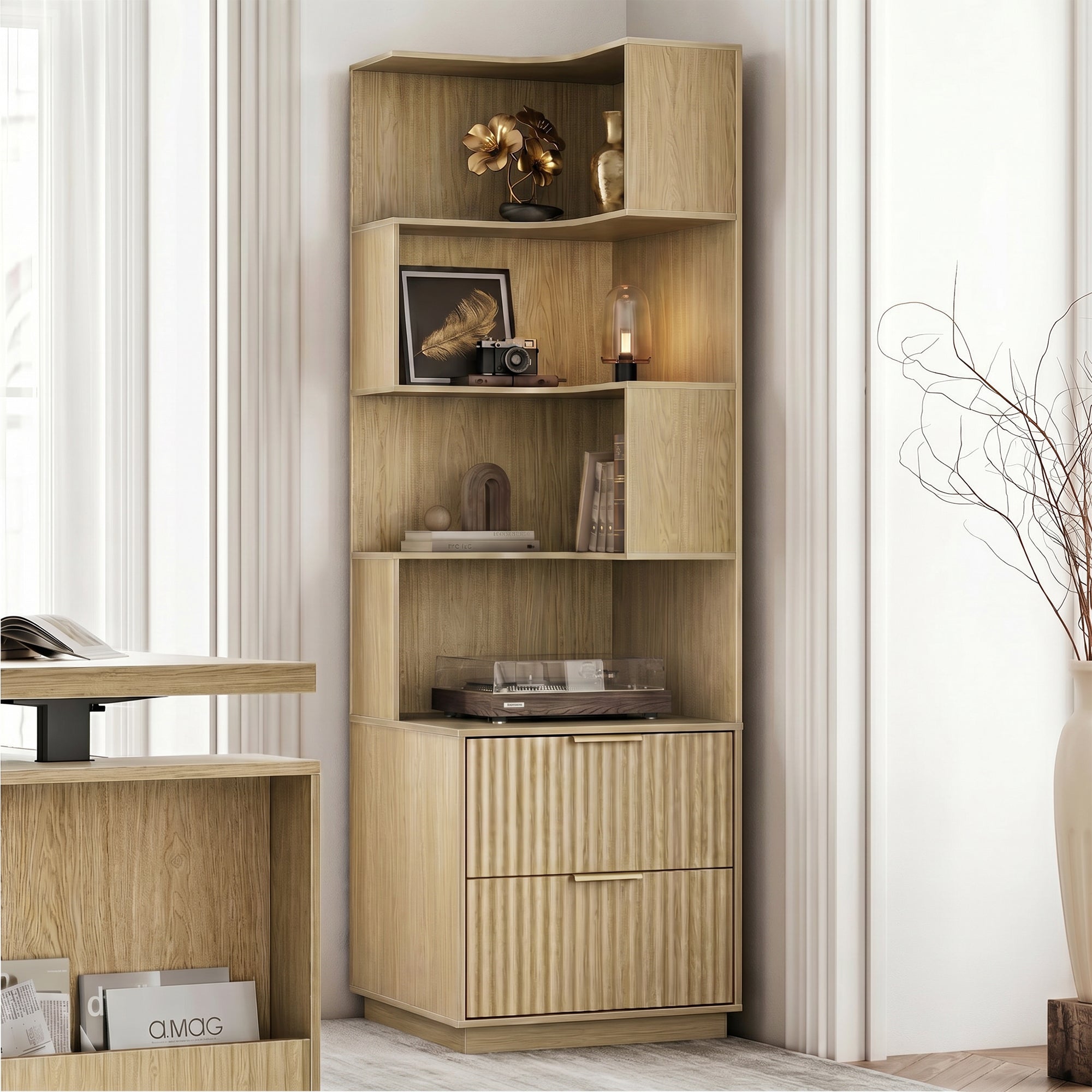 71" Premium Spiral Bookshelf - Fluted - Natural Oak