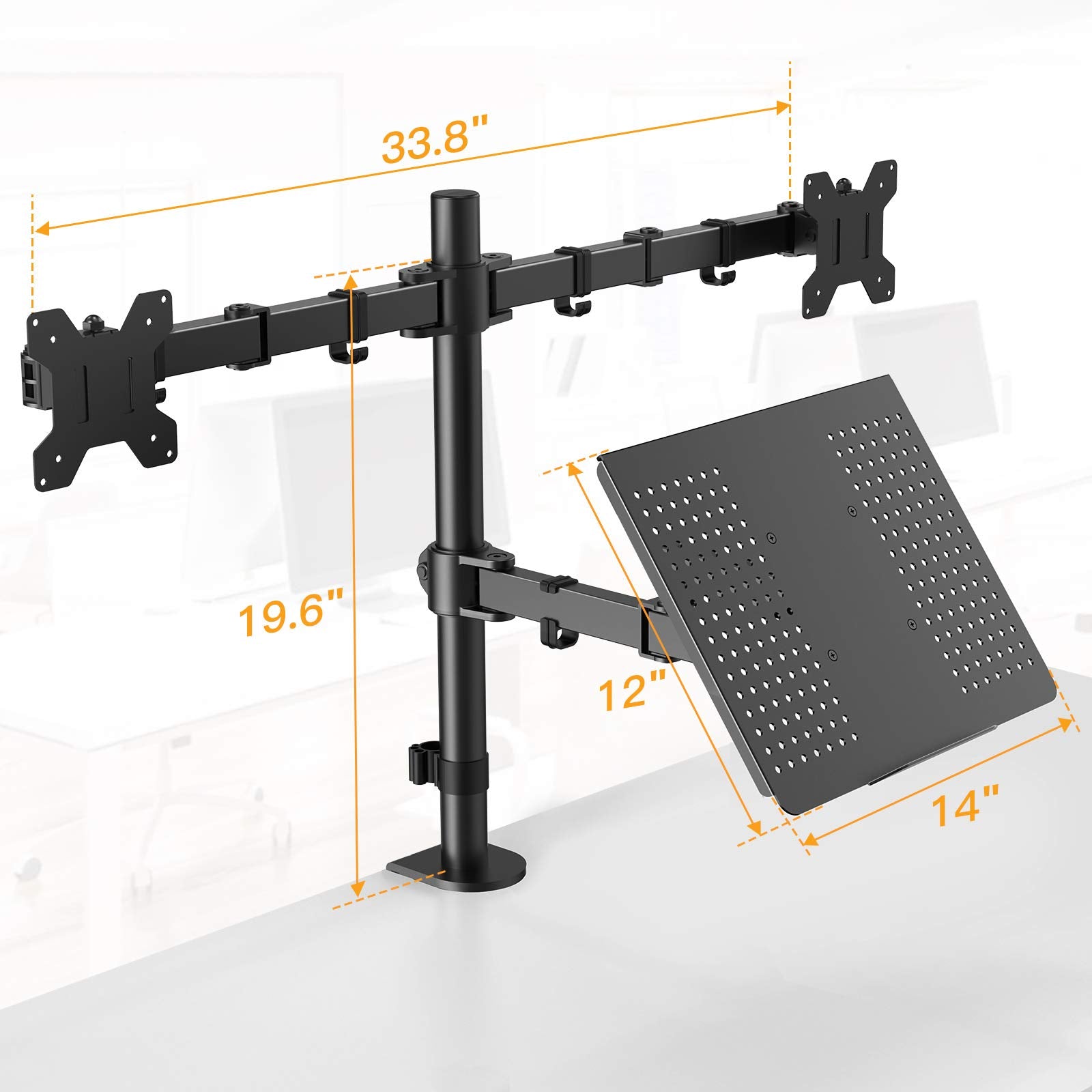 Dual monitor and laptop mount with VESA compatibility and adjustable arms.