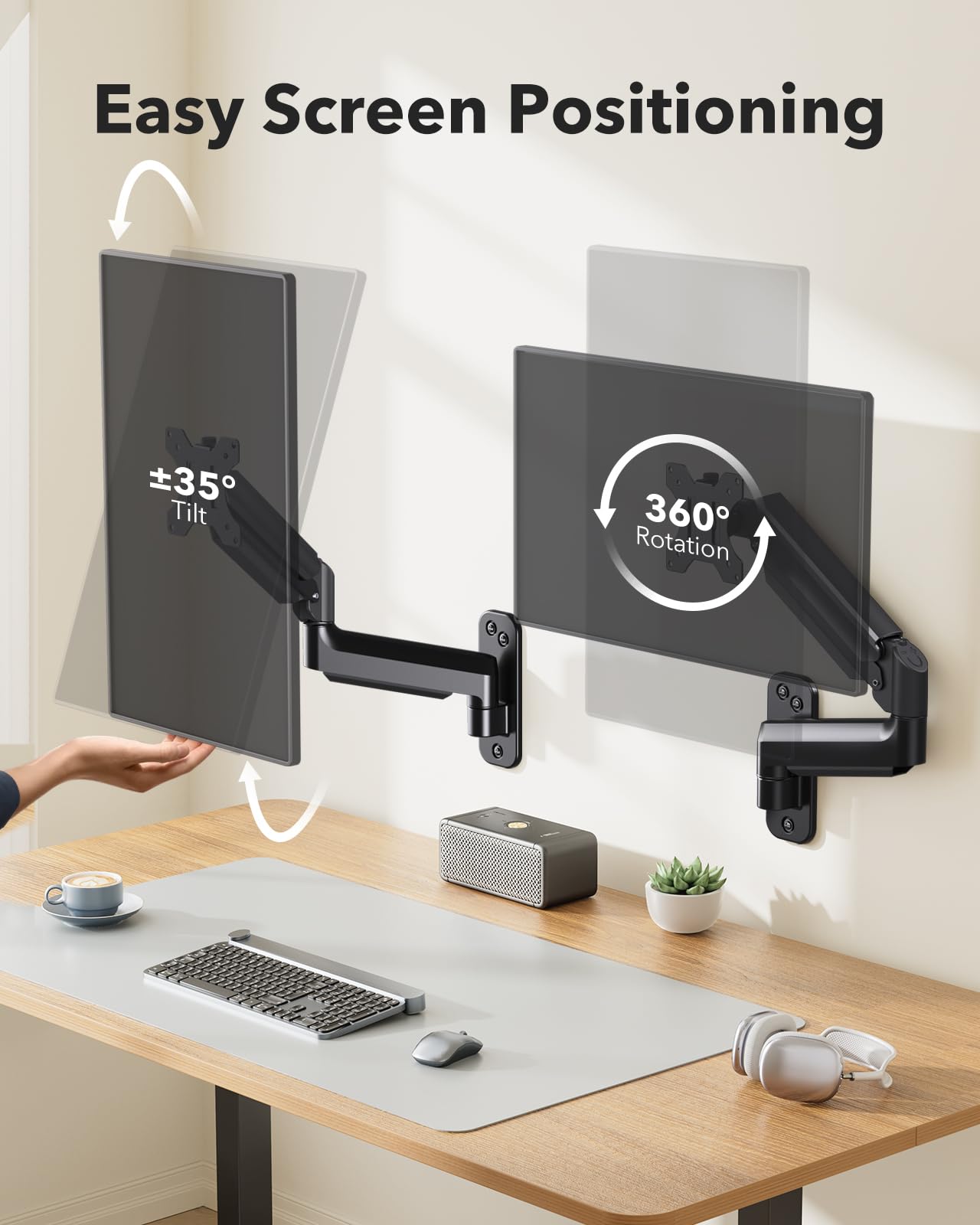 Monitor wall mount showcasing easy tilt and rotation for ergonomic viewing.
