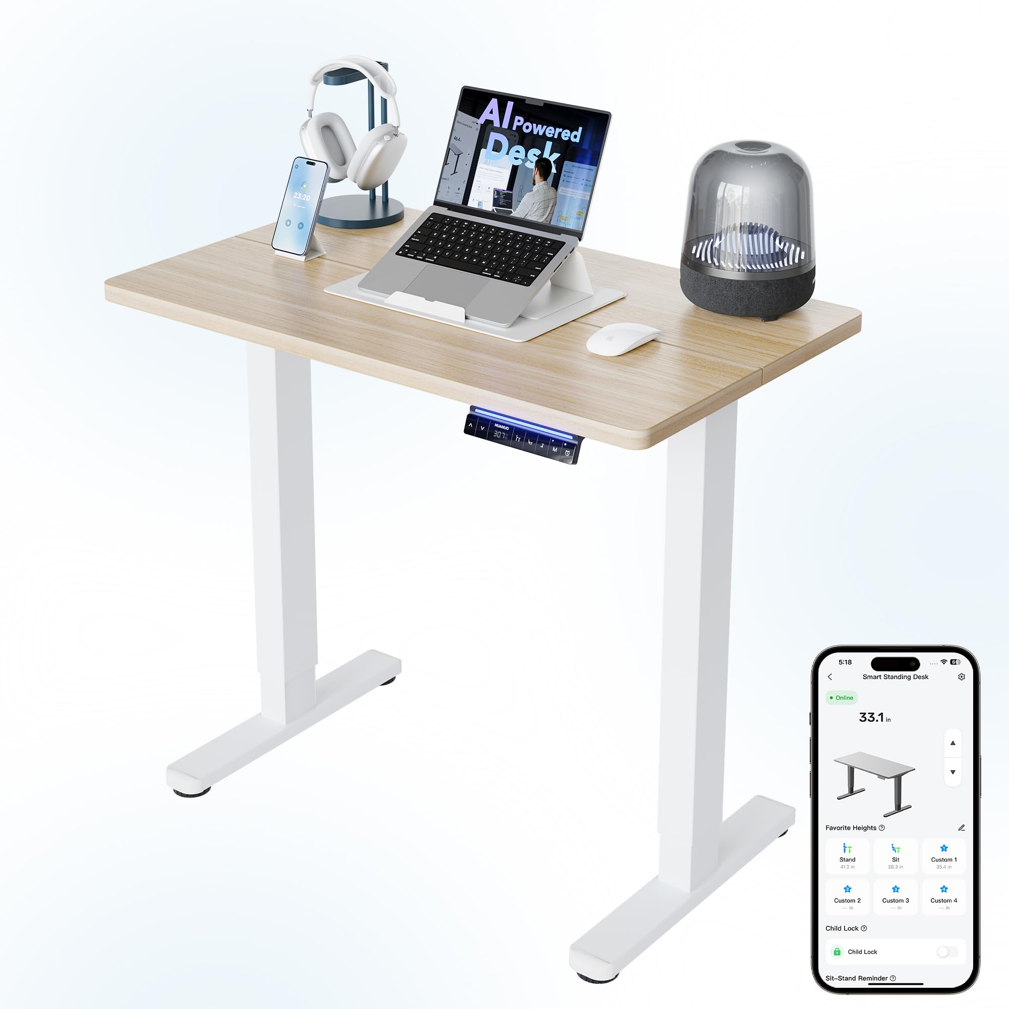 HUANUO 55 x 28 inch Electric Standing Desk Adjustable Height, 4 Memory Height Settings, Sit Stand Up Desk for Home Office & Computer Workstation, Light Walnut