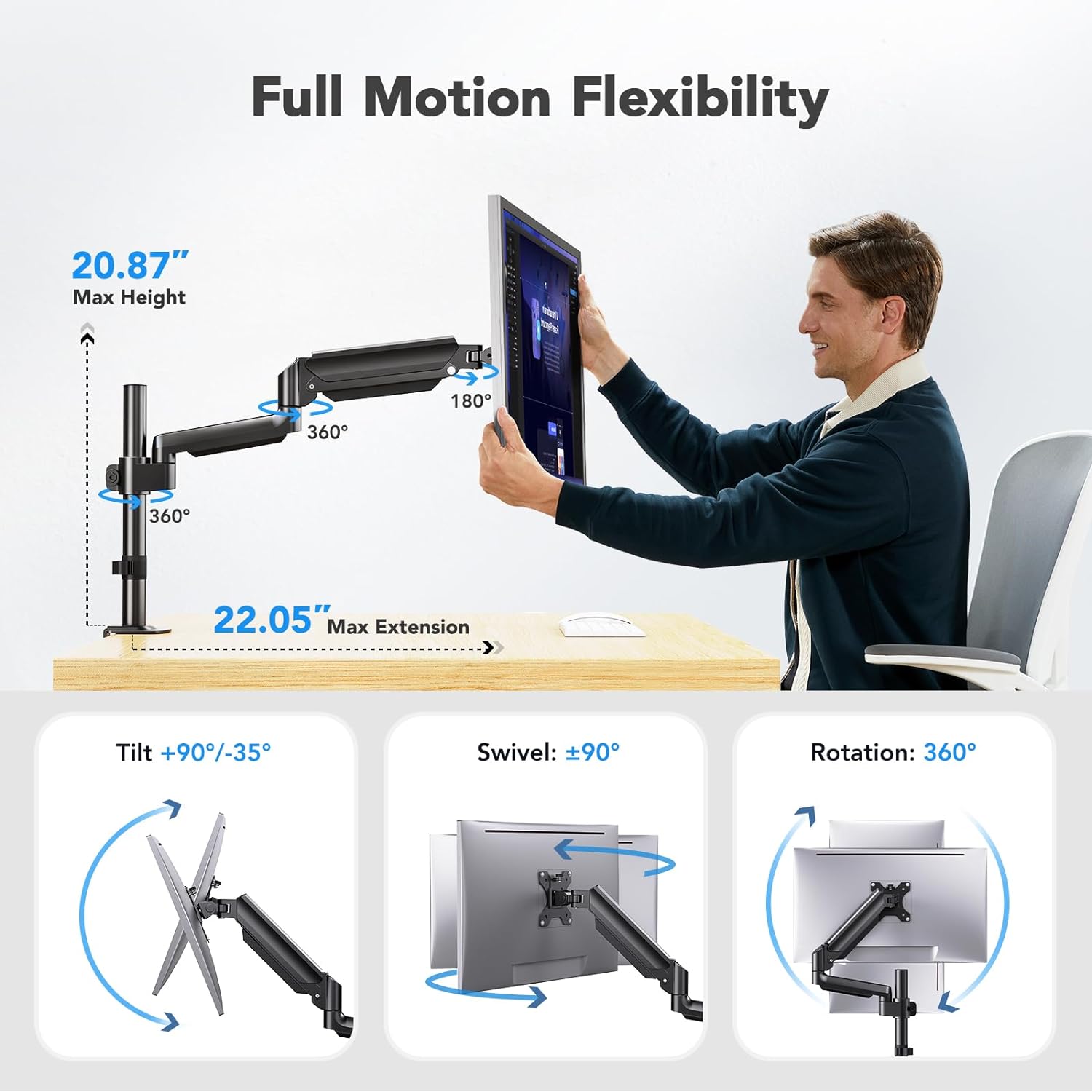 Man adjusting HUANUO monitor mount showcasing full motion capabilities.