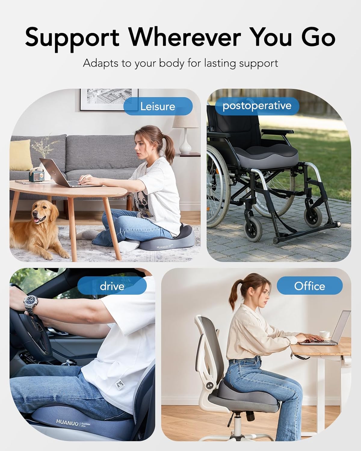 HUANUO Ergonomic Coccyx Seat Cushion – Non-Slip & Breathable