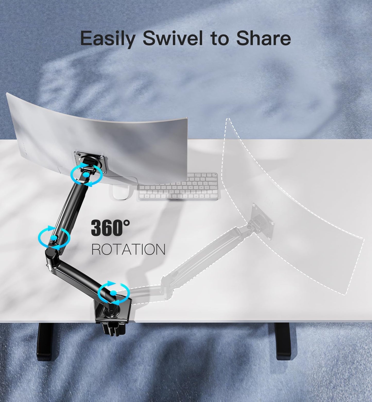 HUANUO monitor arm with 360° swivel feature for ultrawide screens in office setup.