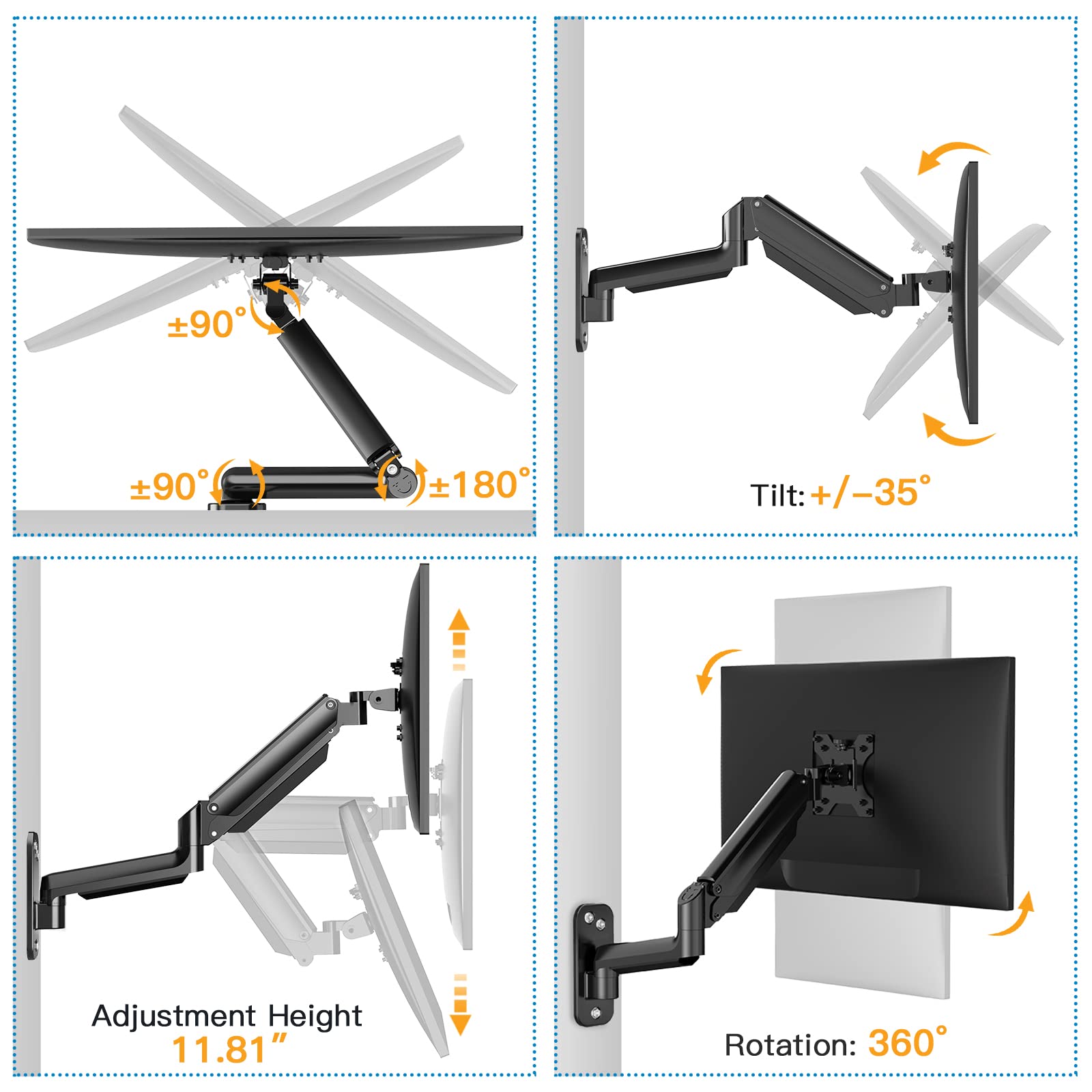 Adjustable HUANUO monitor wall mount showing tilt, swivel, and rotation features.