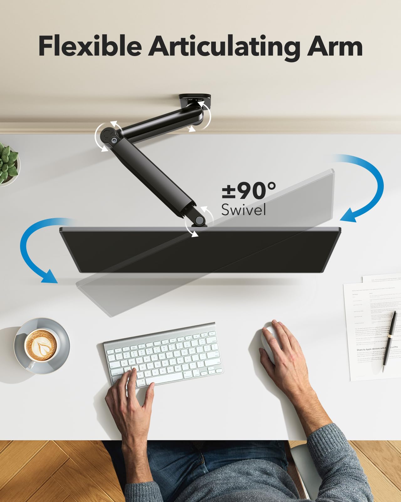 Person using adjustable monitor arm with 90° swivel for ergonomic viewing.