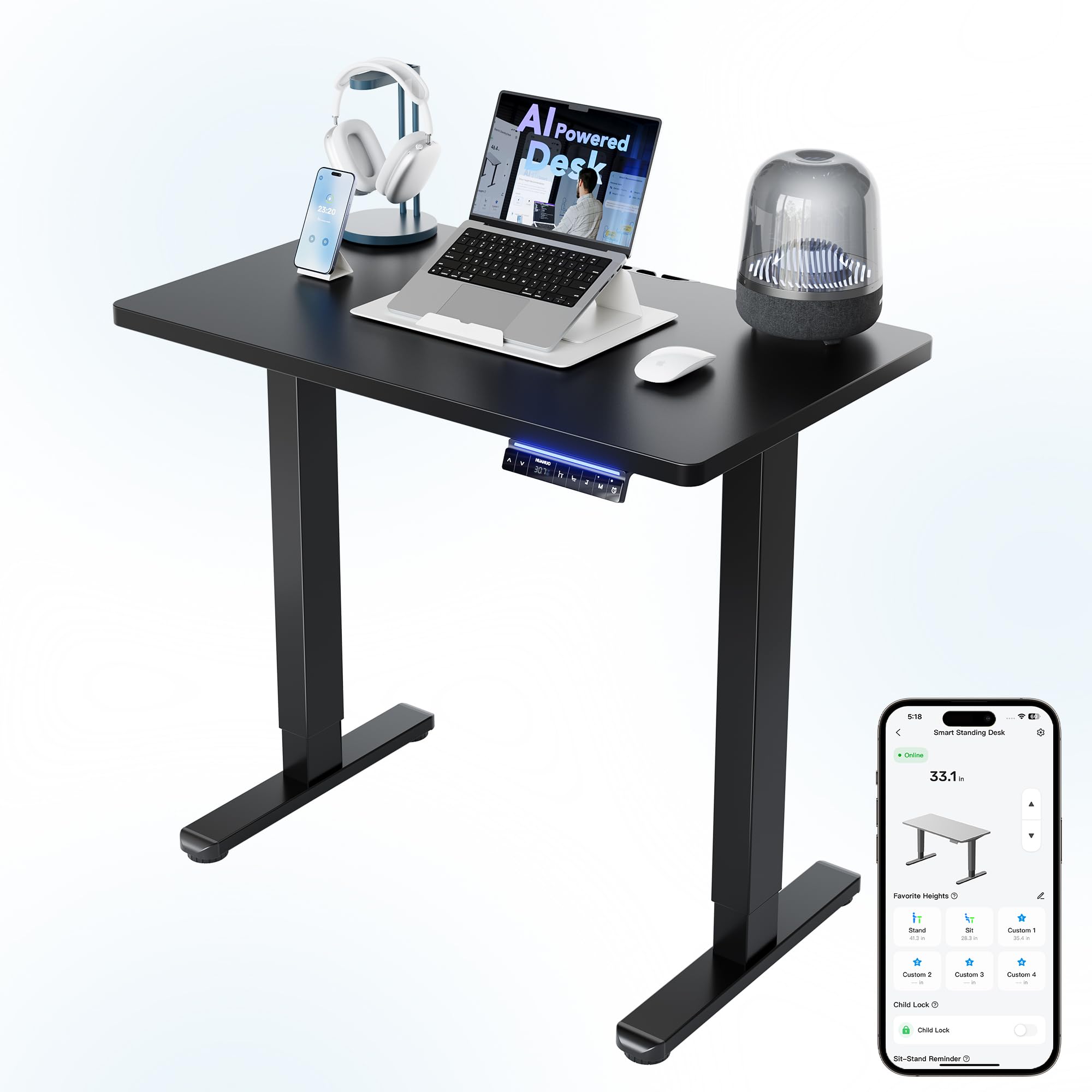 HUANUO 55 x 28 inch Electric Standing Desk Adjustable Height, 4 Memory Height Settings, Sit Stand Up Desk for Home Office & Computer Workstation, Light Walnut
