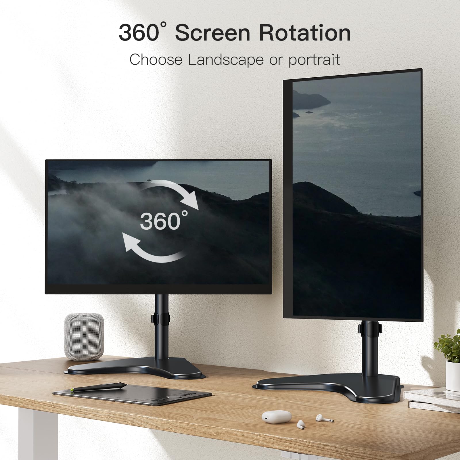HUANUO monitor mount displaying 360° rotation for landscape and portrait modes.
