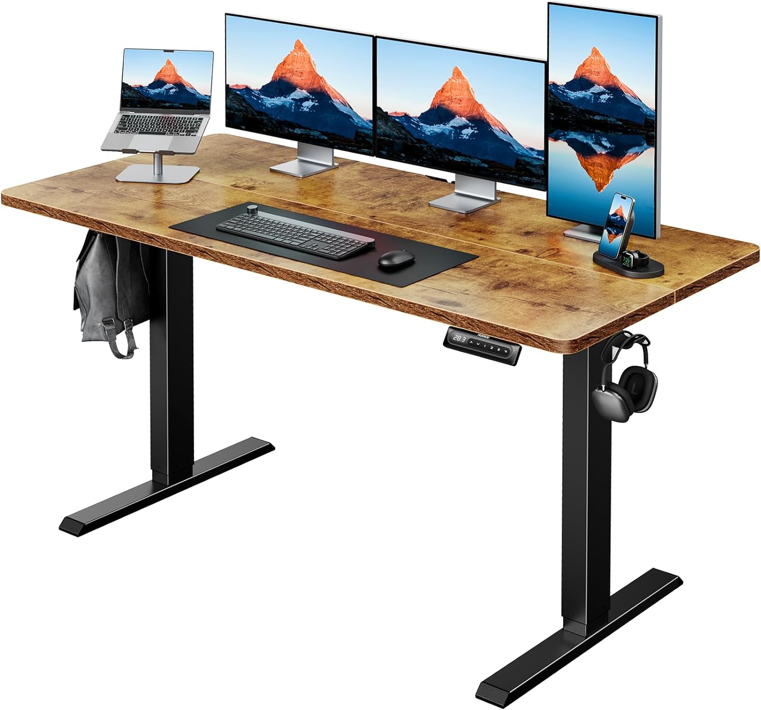 HUANUO electric standing desk with three monitors and laptop in organized workspace.