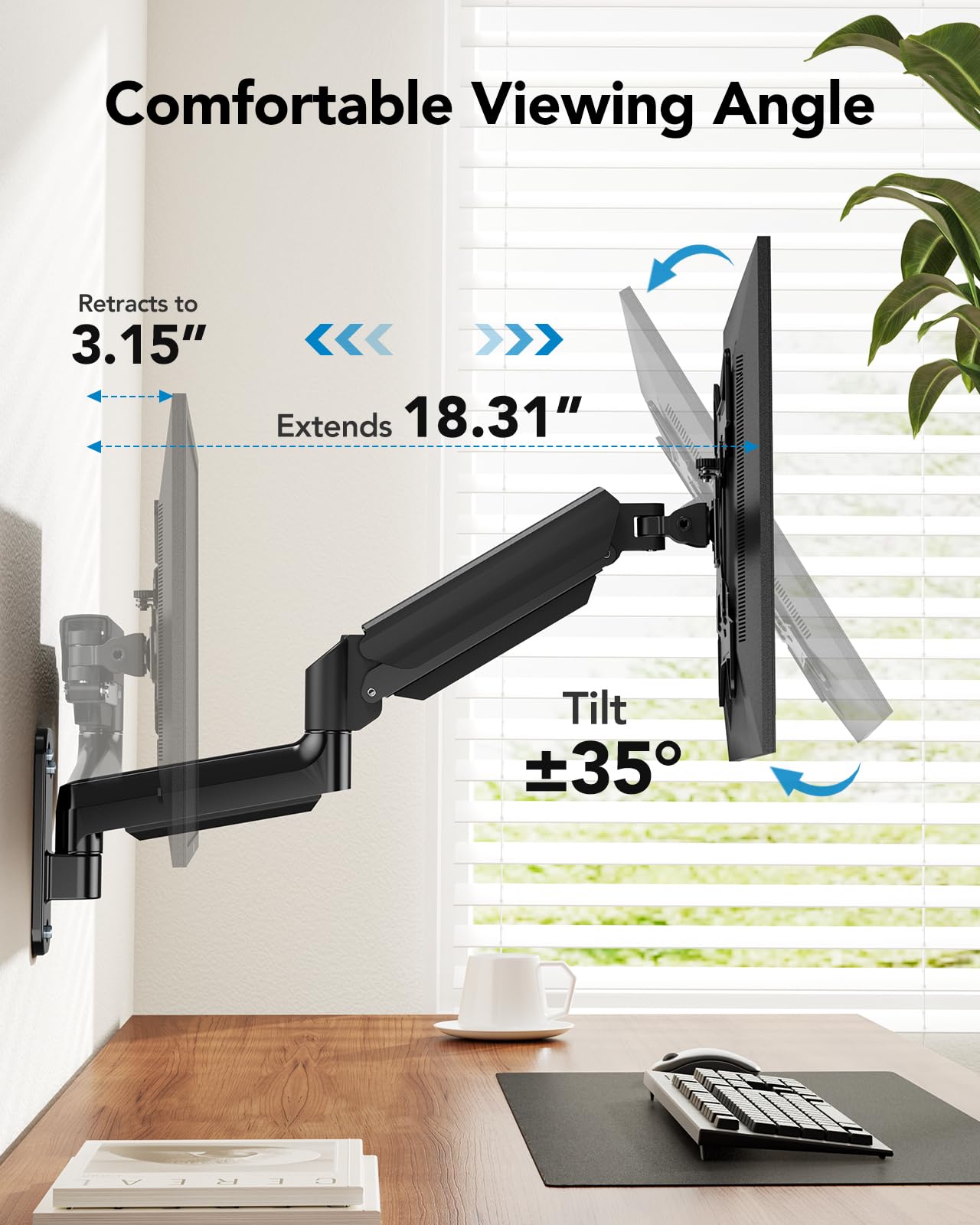 HUANUO wall mount demonstrating adjustable tilt and extension for ergonomic viewing.